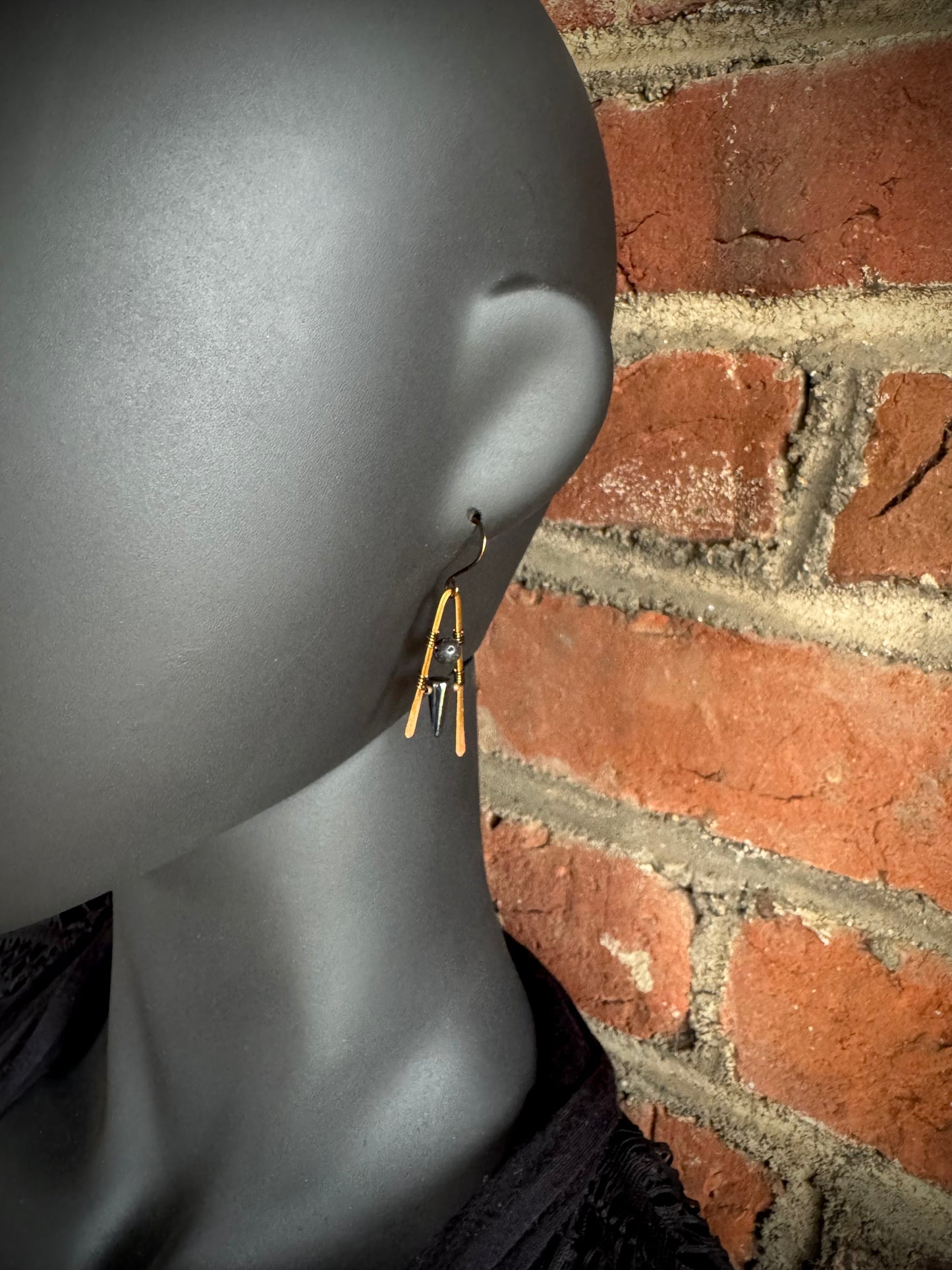 Haematite, Lava Stone and Antique Bronze A-Frame Earrings