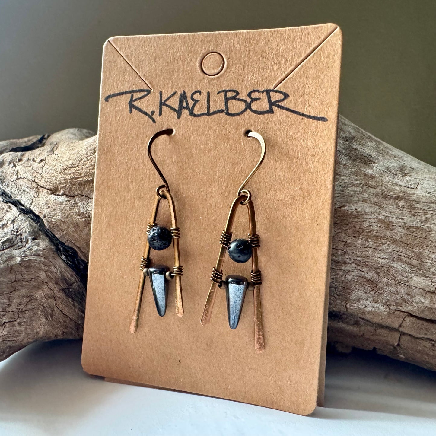 Haematite, Lava Stone and Antique Bronze A-Frame Earrings