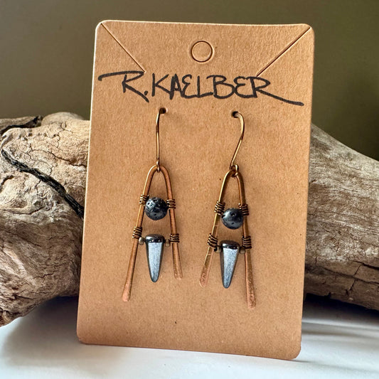 Haematite, Lava Stone and Antique Bronze A-Frame Earrings - Made to Order