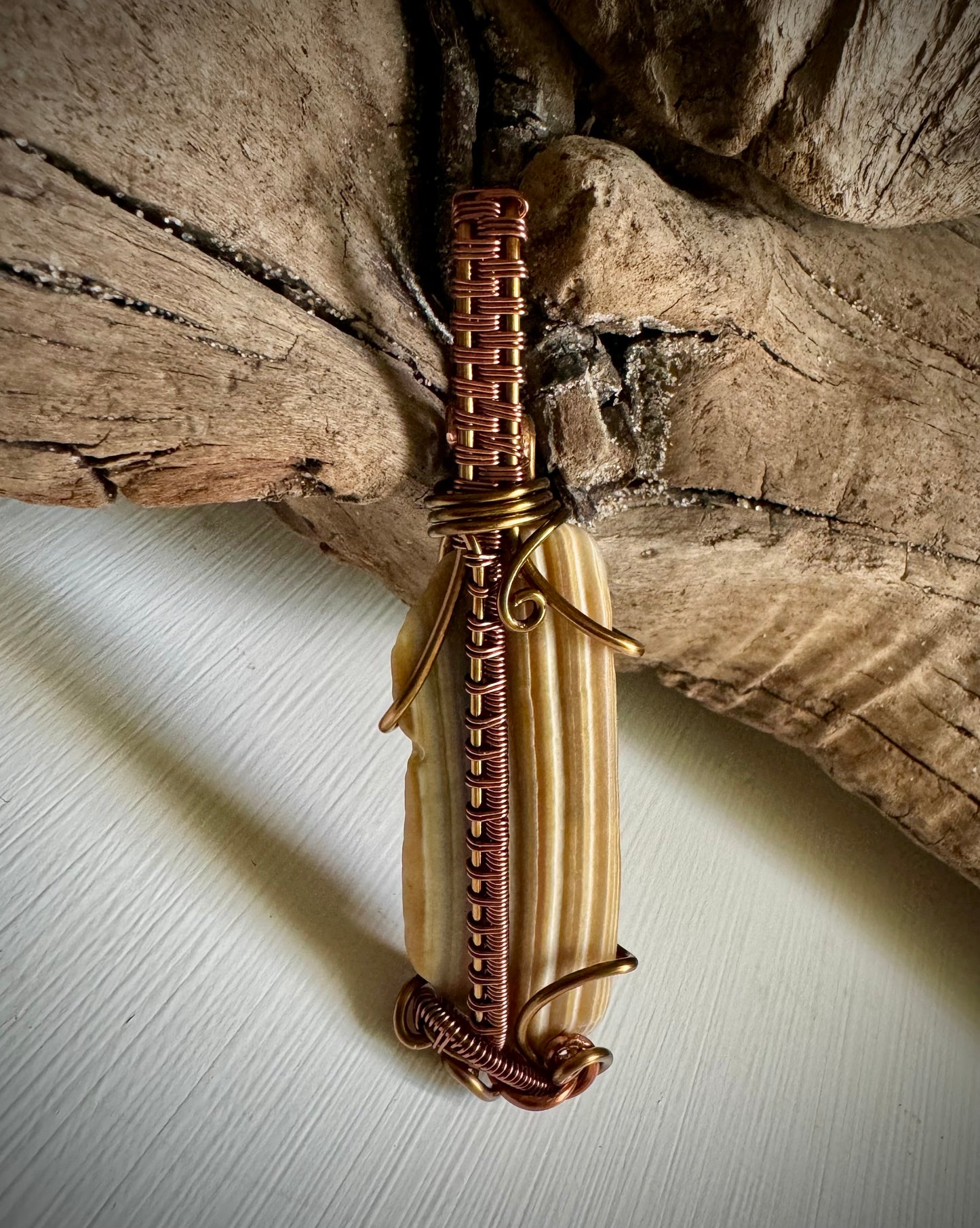 Shell Wire Wrapped Pendant with Copper and Antique Bronze