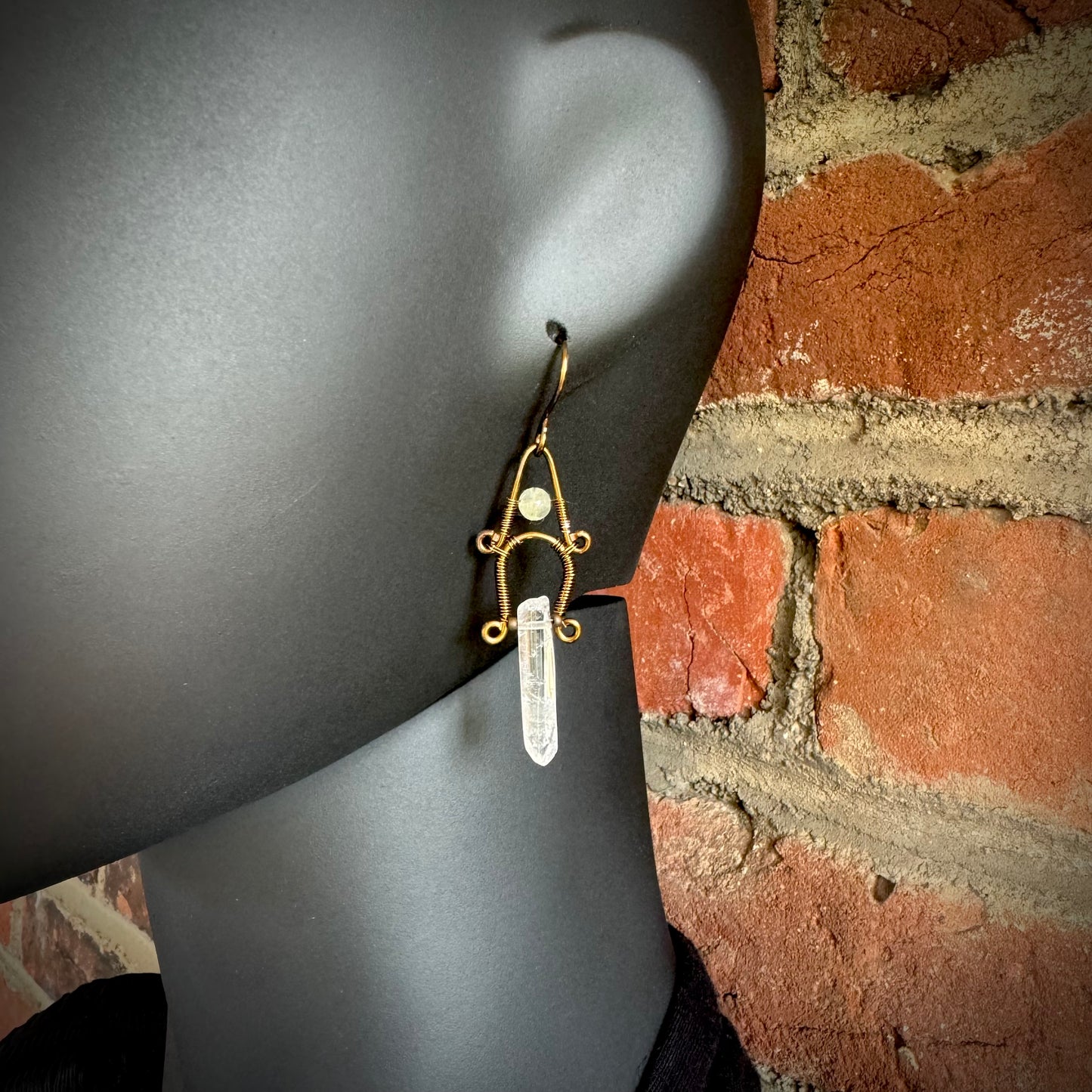 Prehnite, Clear Quartz and Antique Bronze Dangle Earrings - Made to Order