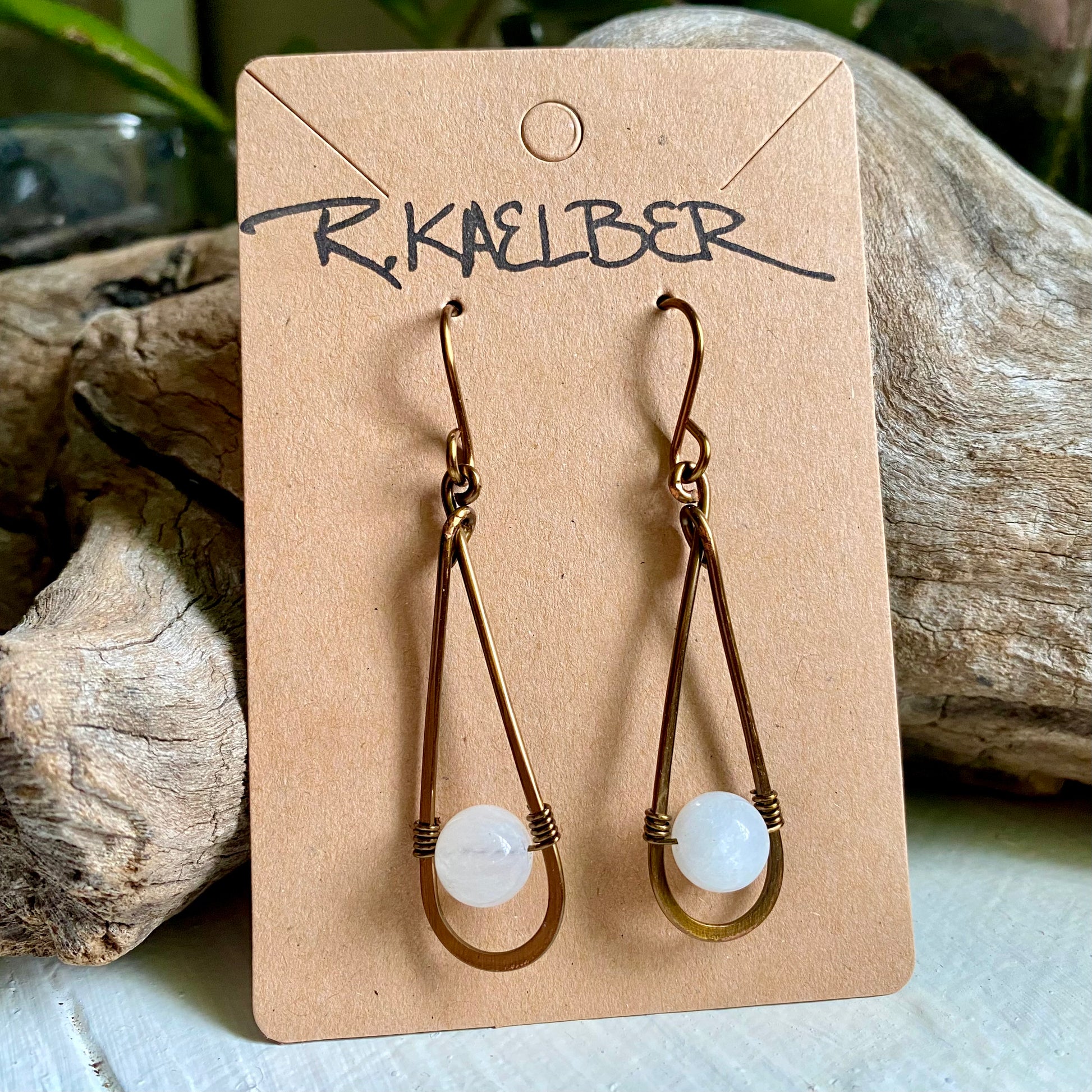 Rainbow Moonstone and Antique Bronze Long Teardrop Earrings - R.Kaelber Art