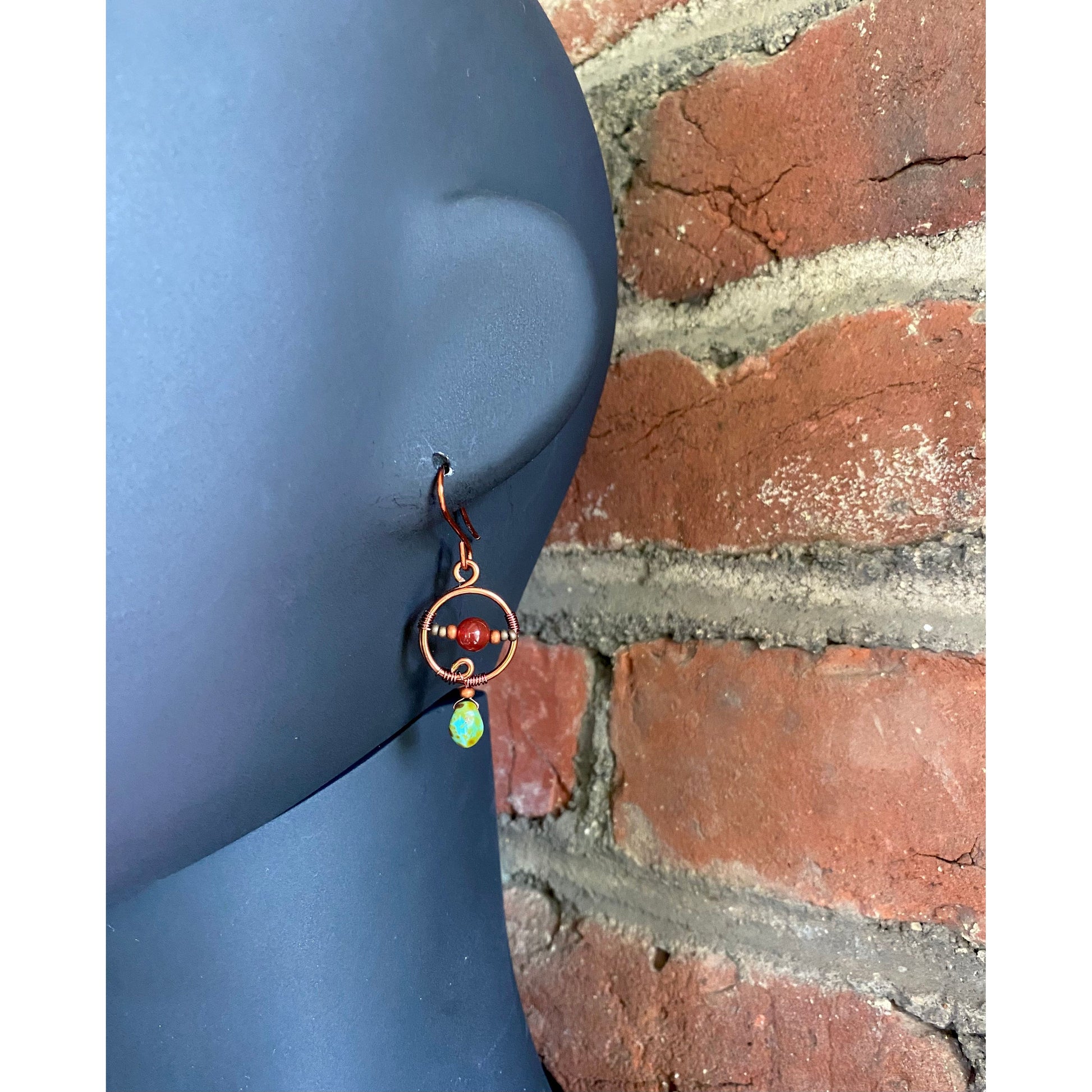 Circular Copper Dangle Earrings with Carnelian and Glass beads - R.Kaelber Art