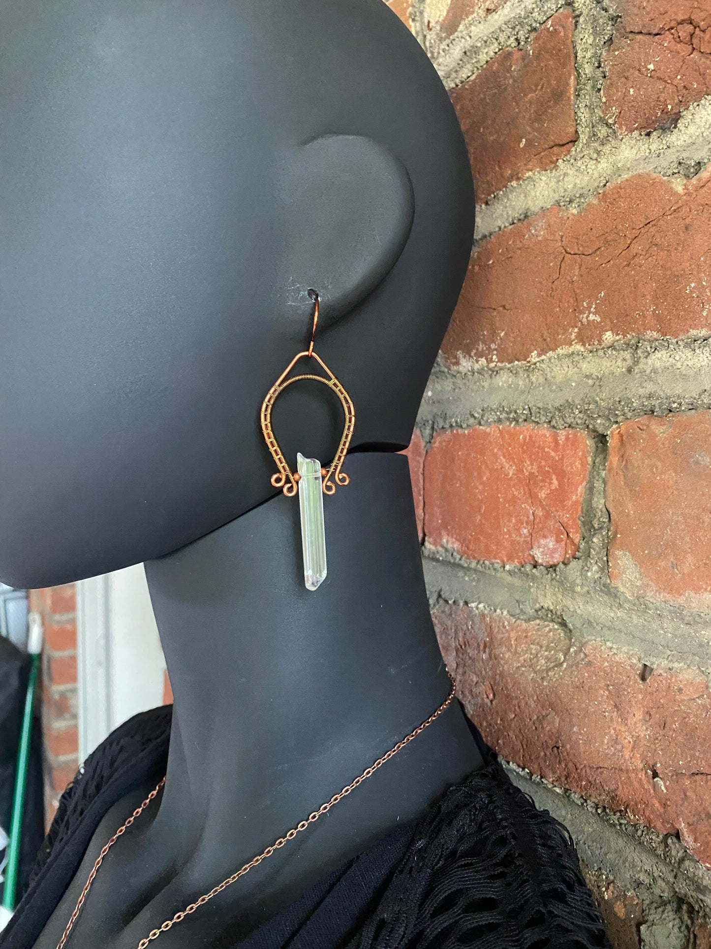 Clear Quartz, Copper, and Antique Bronze Wire Wrapped Dangle Earrings