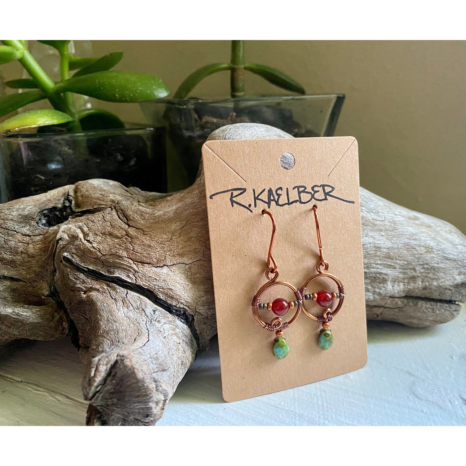 Circular Copper Dangle Earrings with Carnelian and Glass beads - R.Kaelber Art