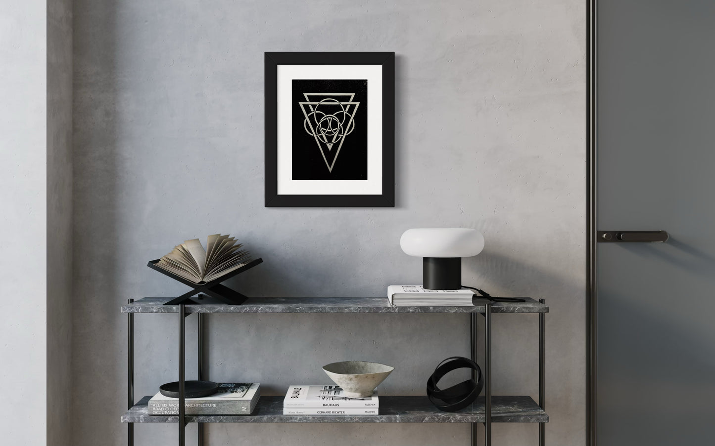 Energy Direction (Black background) AP Framed - Original Linocut Print with Black Ink on Paper