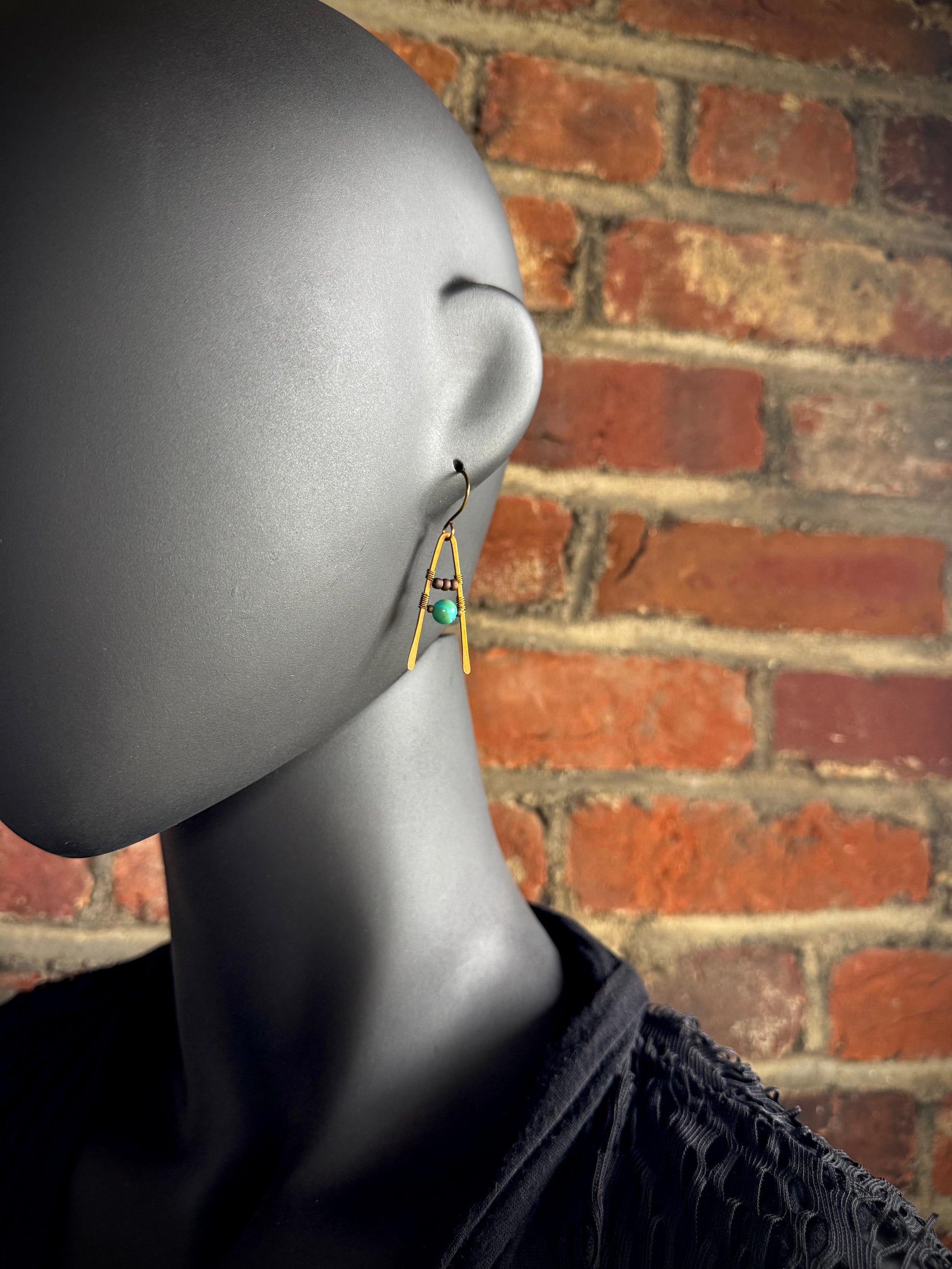 Turquoise A-Frame Earrings with Hammered Copper - R.Kaelber Art