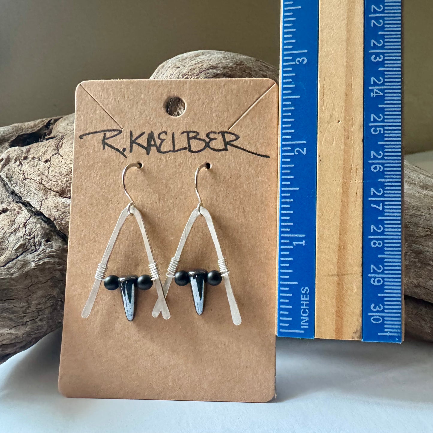 Hematite and Onyx A-Frame Earrings with Hammered Sterling Silver