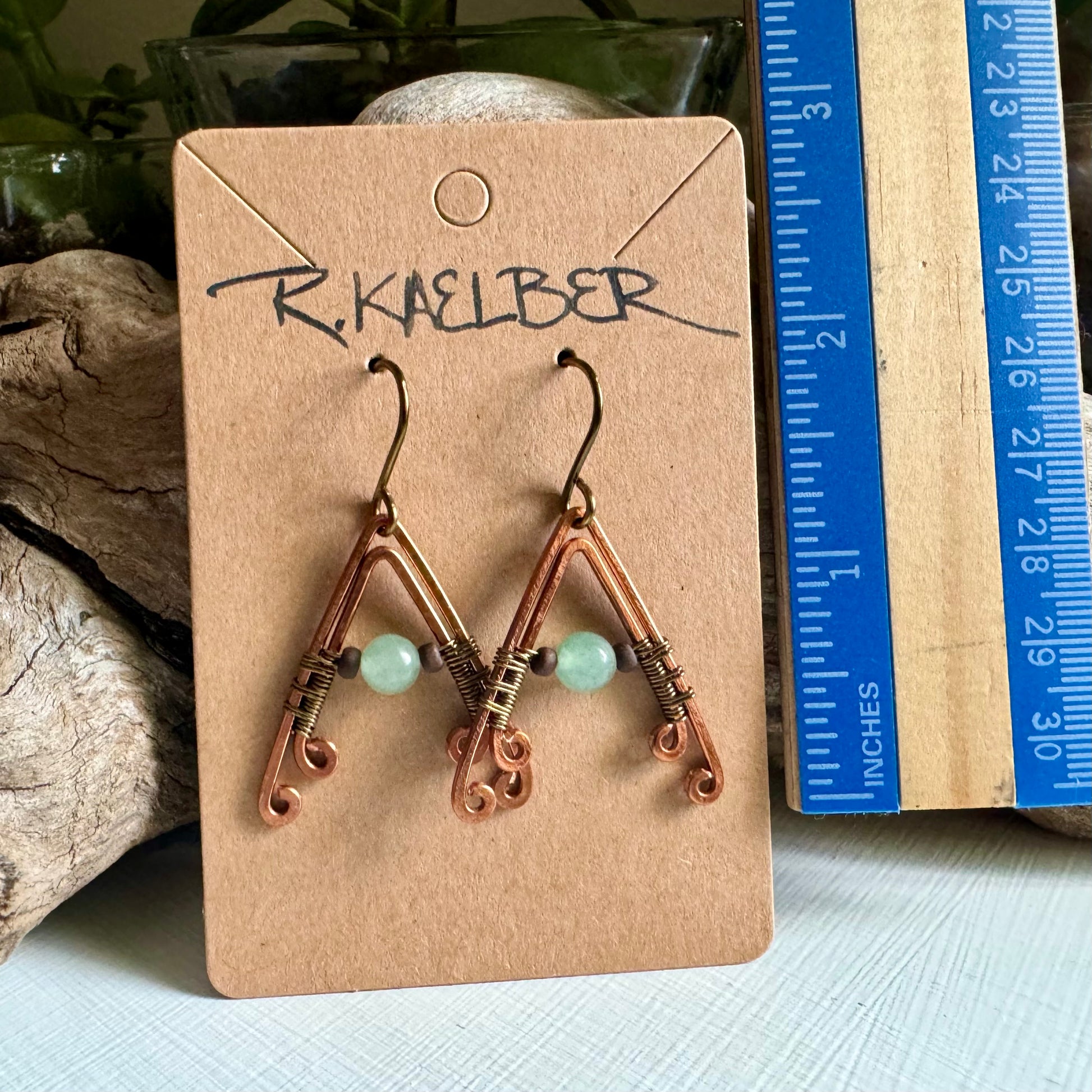Aventurine Hammered Copper and Antiques Bronze A- Frame Earrings - R.Kaelber Art