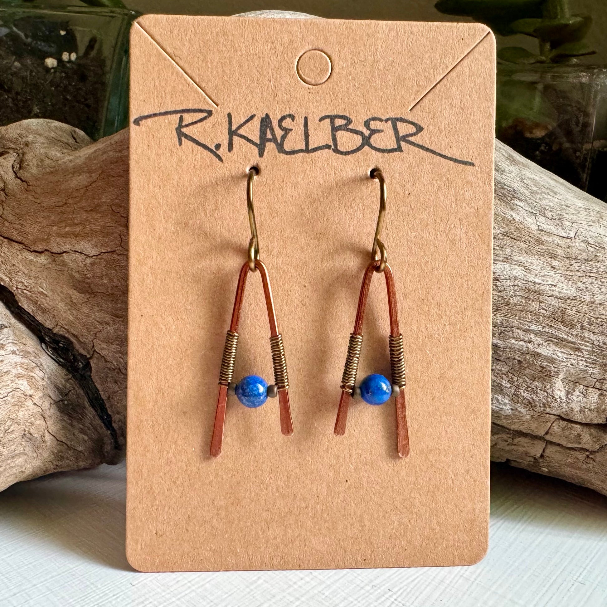 Lapis Lazuli A-Frame Earrings with Antique Copper and Bronze - R.Kaelber Art