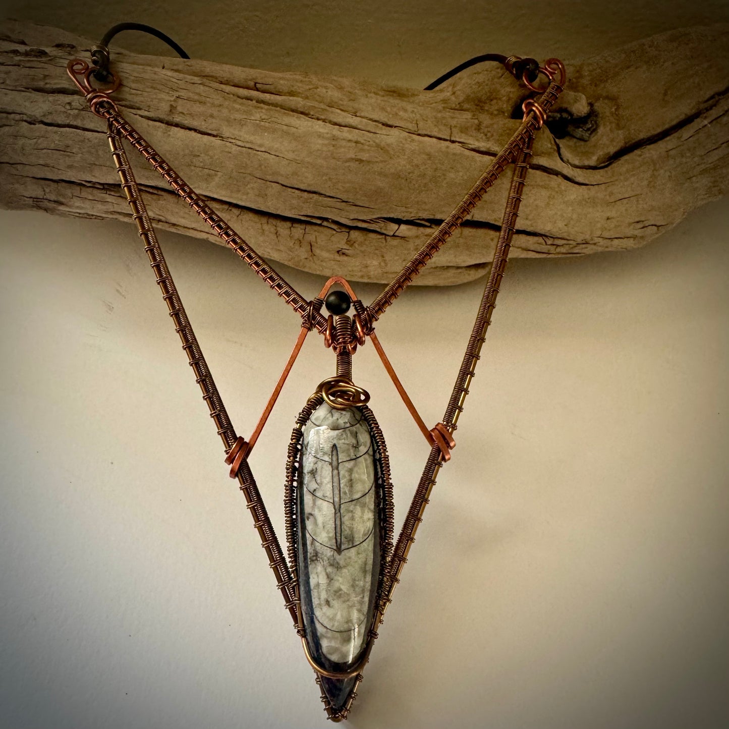 Orthoceras Fossil Statement Necklace with Copper and Antique Bronze