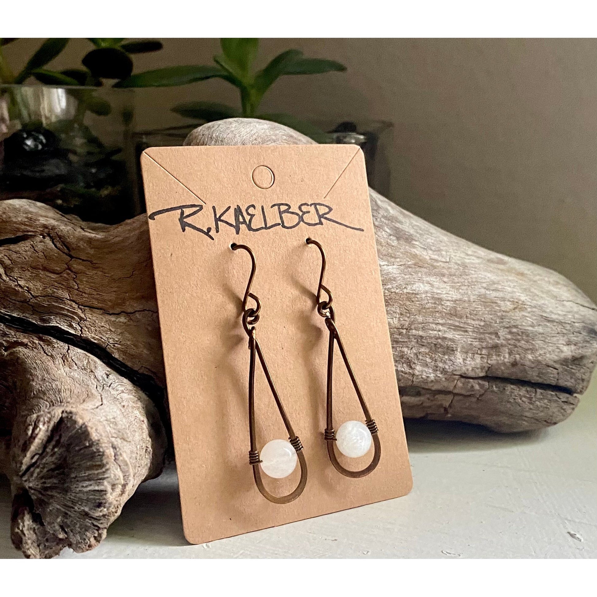 Rainbow Moonstone and Antique Bronze Long Teardrop Earrings - R.Kaelber Art
