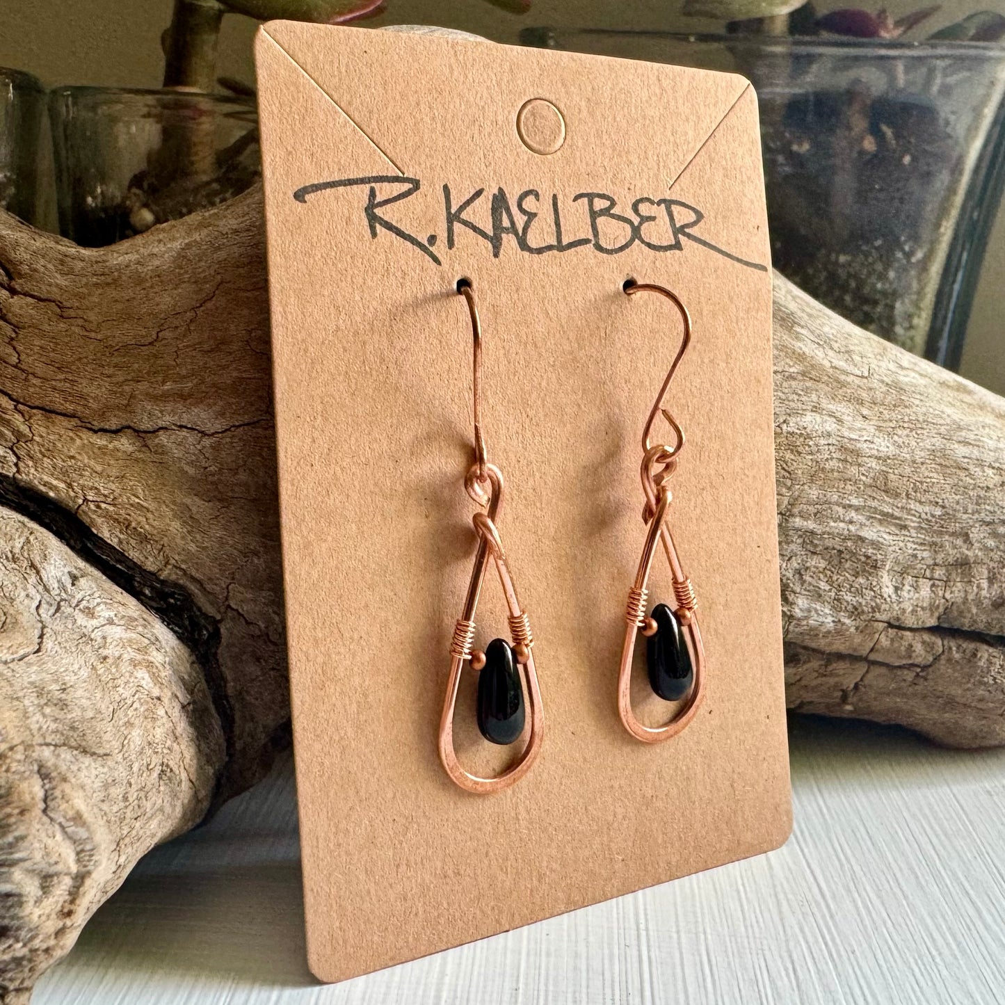 Onyx and Copper Teardrop Earrings - Made to Order