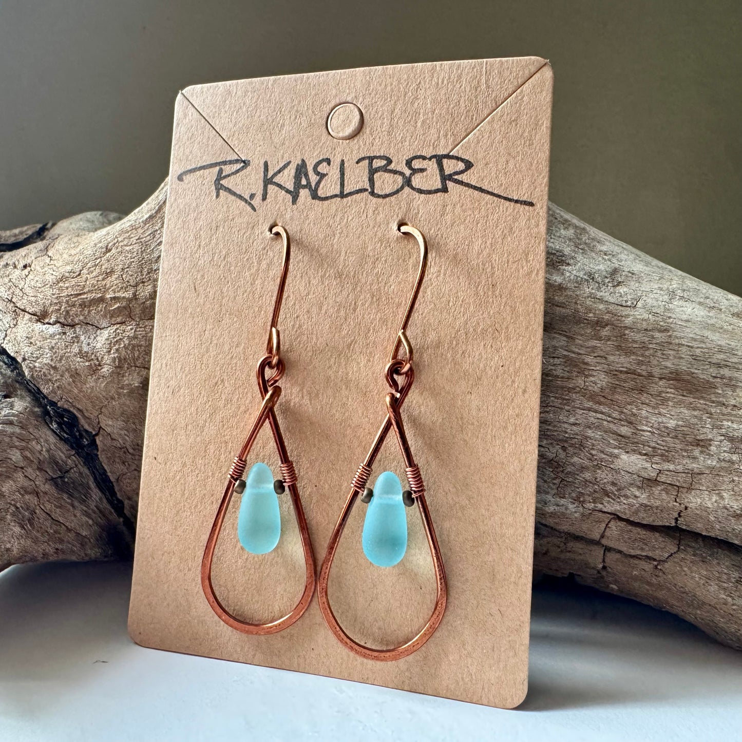 Antique Copper Teardrop Earrings with blue beads