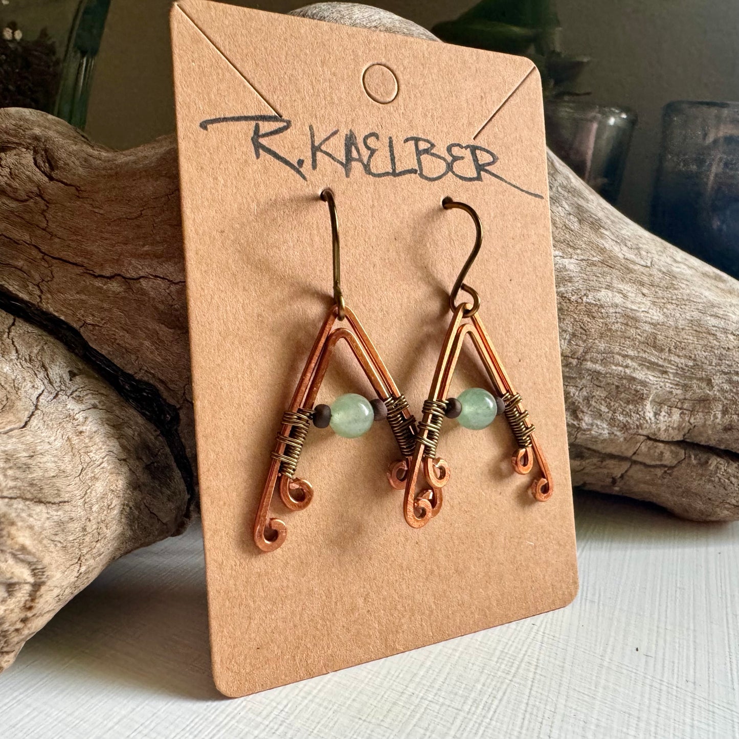 Aventurine Hammered Copper and Antiques Bronze A- Frame Earrings - R.Kaelber Art