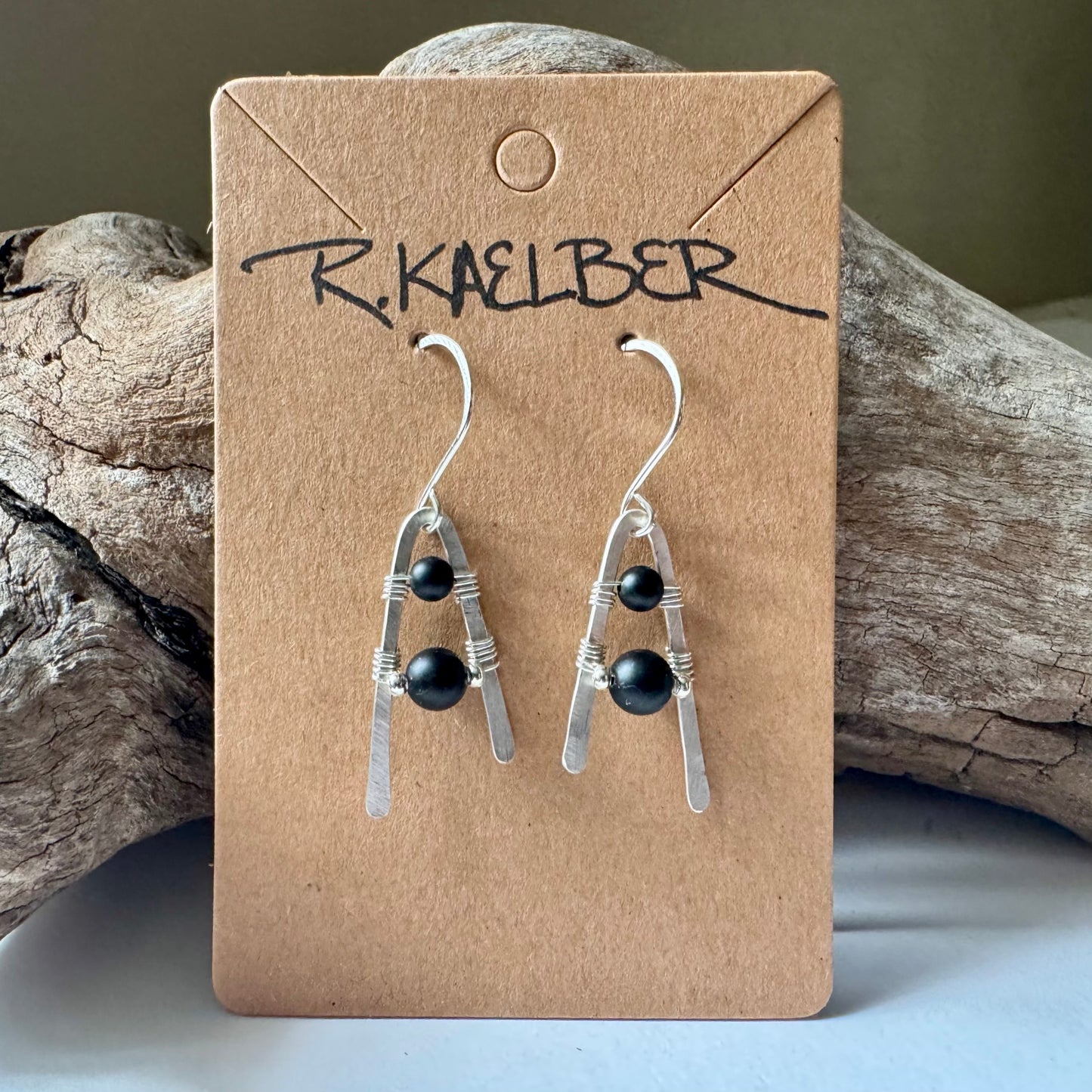 Onyx and Hammered Sterling Silver A-Frame Earrings