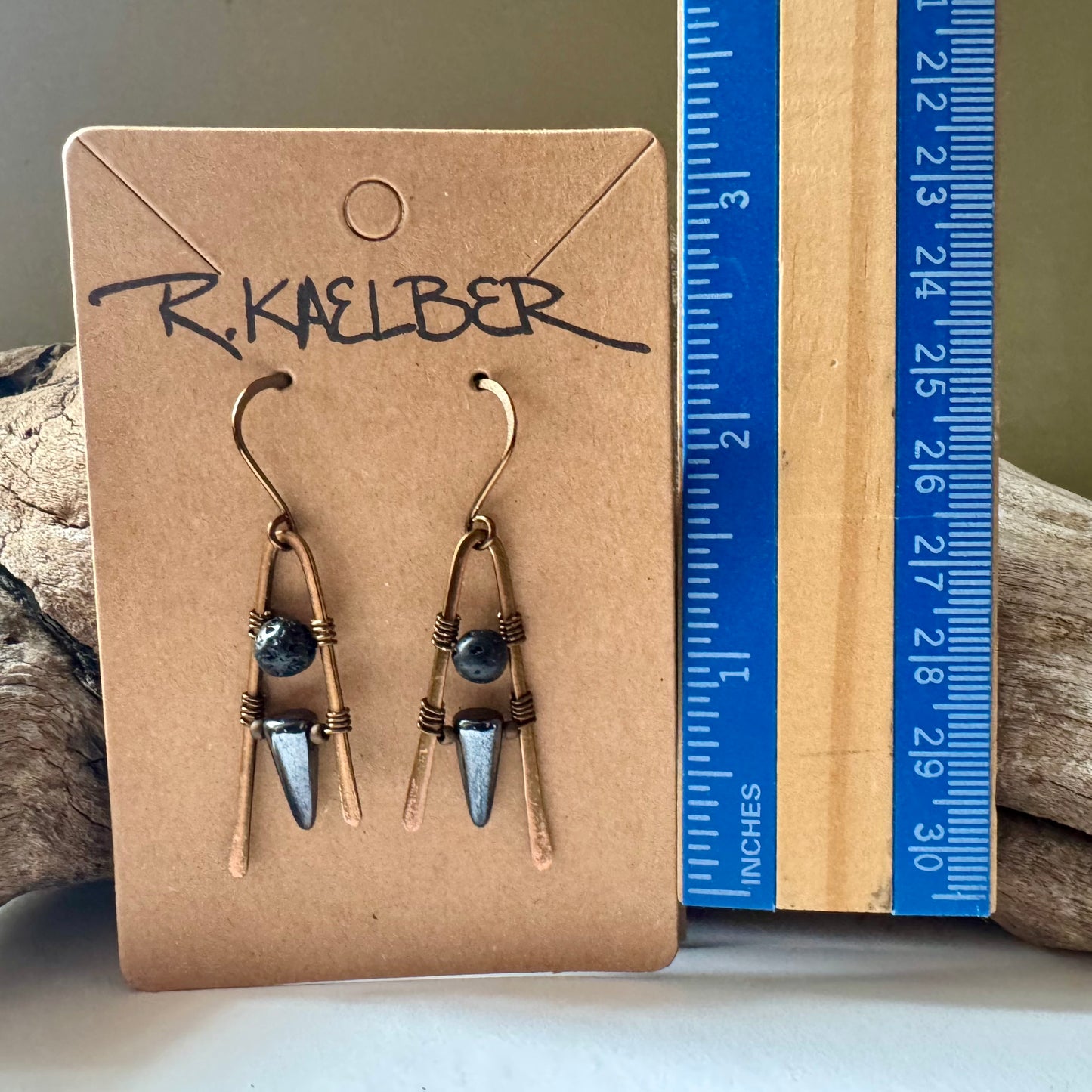 Haematite, Lava Stone and Antique Bronze A-Frame Earrings