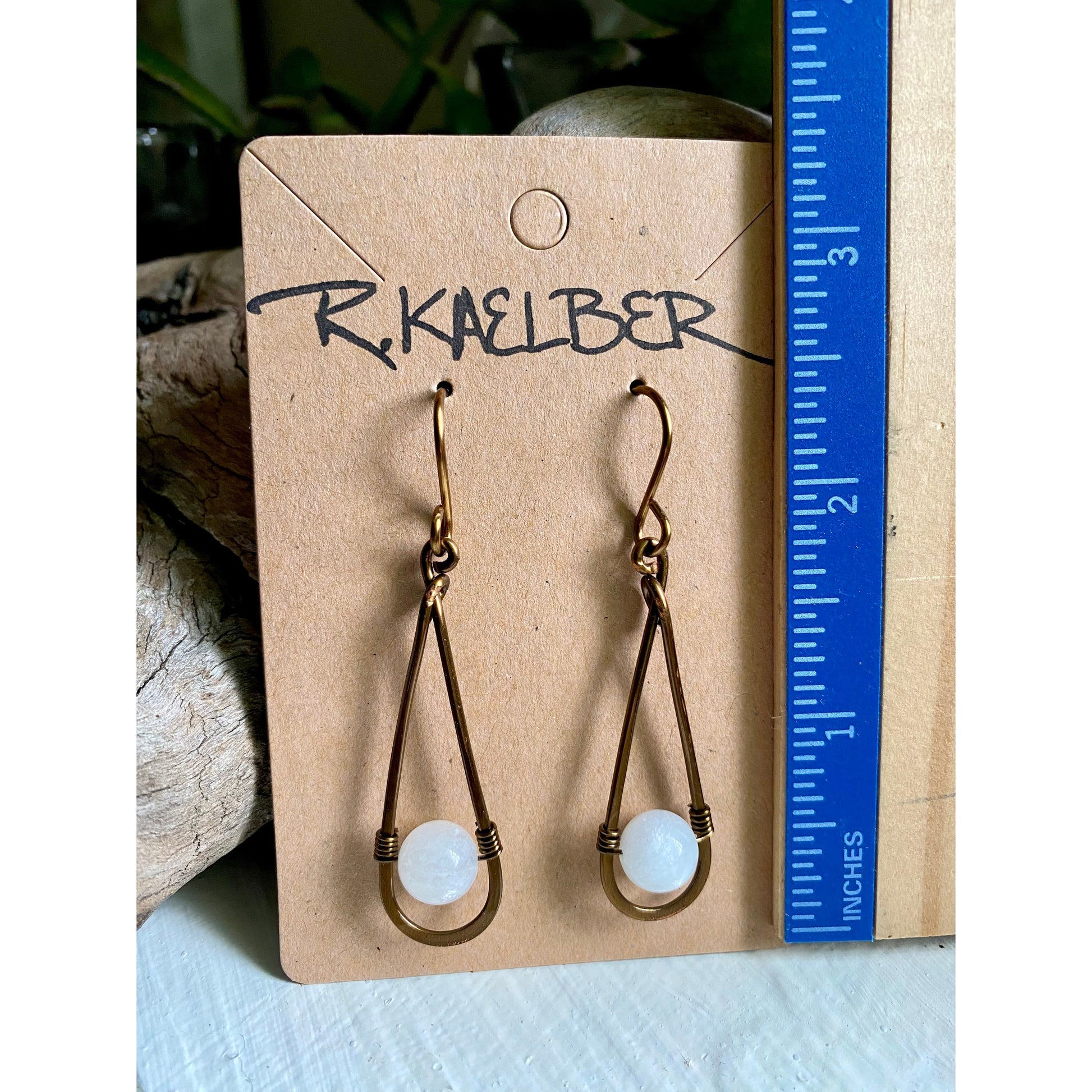 Rainbow Moonstone and Antique Bronze Long Teardrop Earrings - R.Kaelber Art