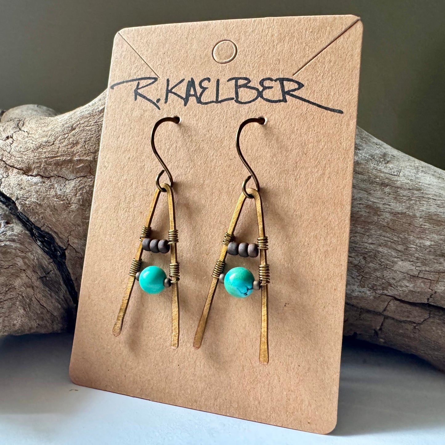 Turquoise A-Frame Earrings with Hammered Copper - R.Kaelber Art