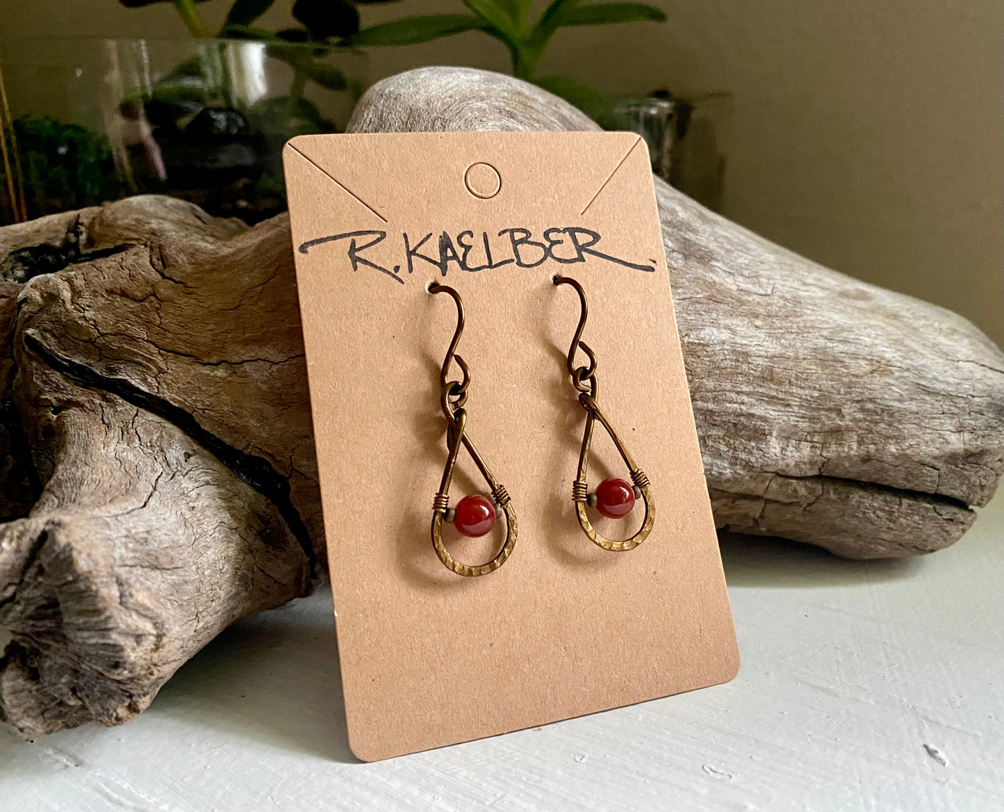 Carnelian and Antique Bronze Teardrop Earrings - R.Kaelber Art