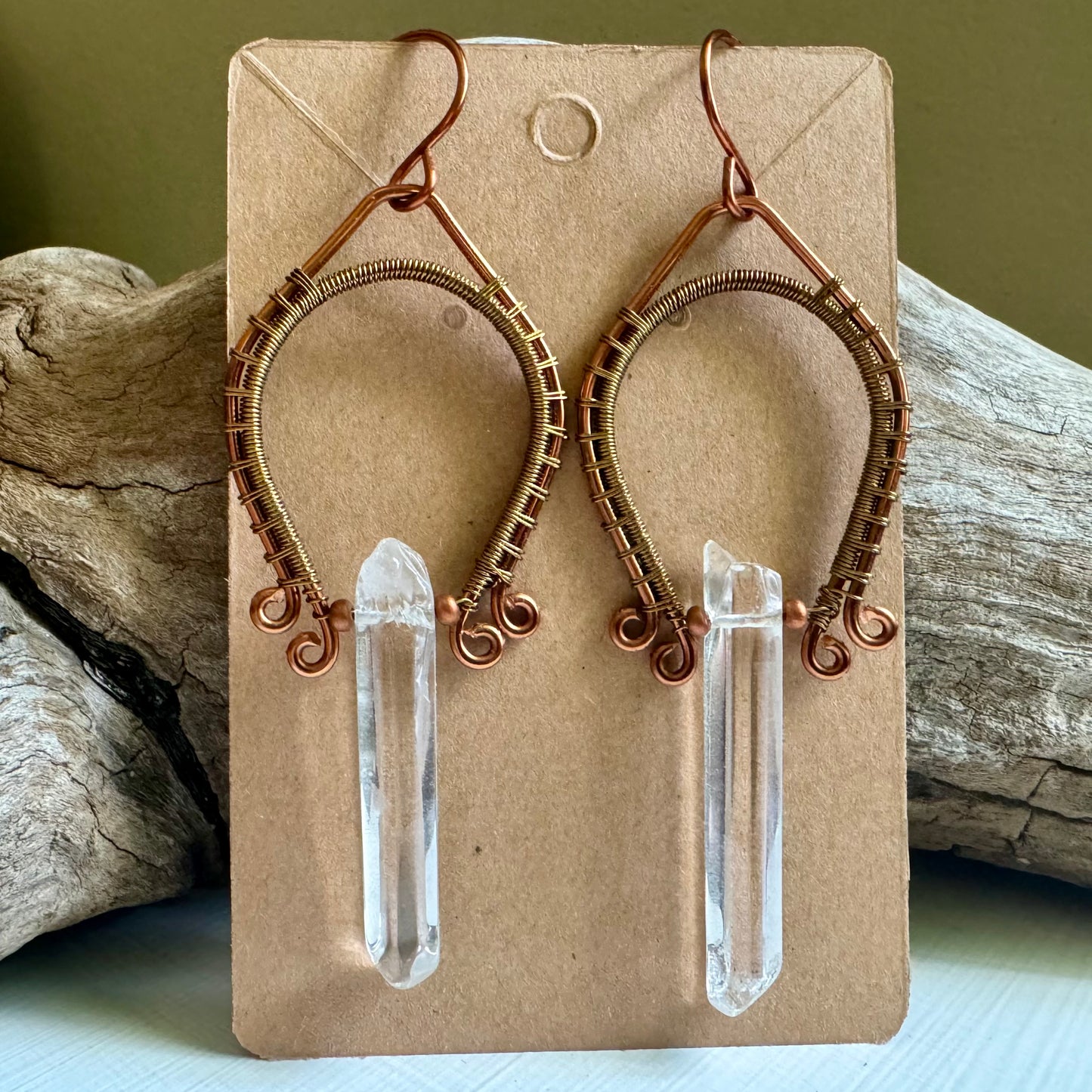 Clear Quartz, Copper, and Antique Bronze Wire Wrapped Dangle Earrings