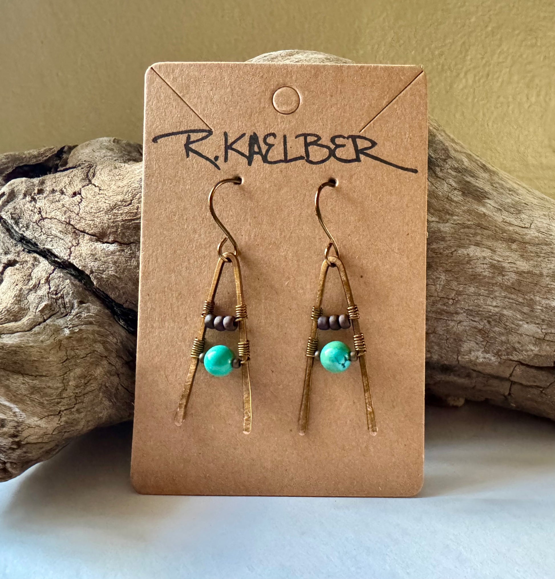 Turquoise A-Frame Earrings with Hammered Copper - R.Kaelber Art