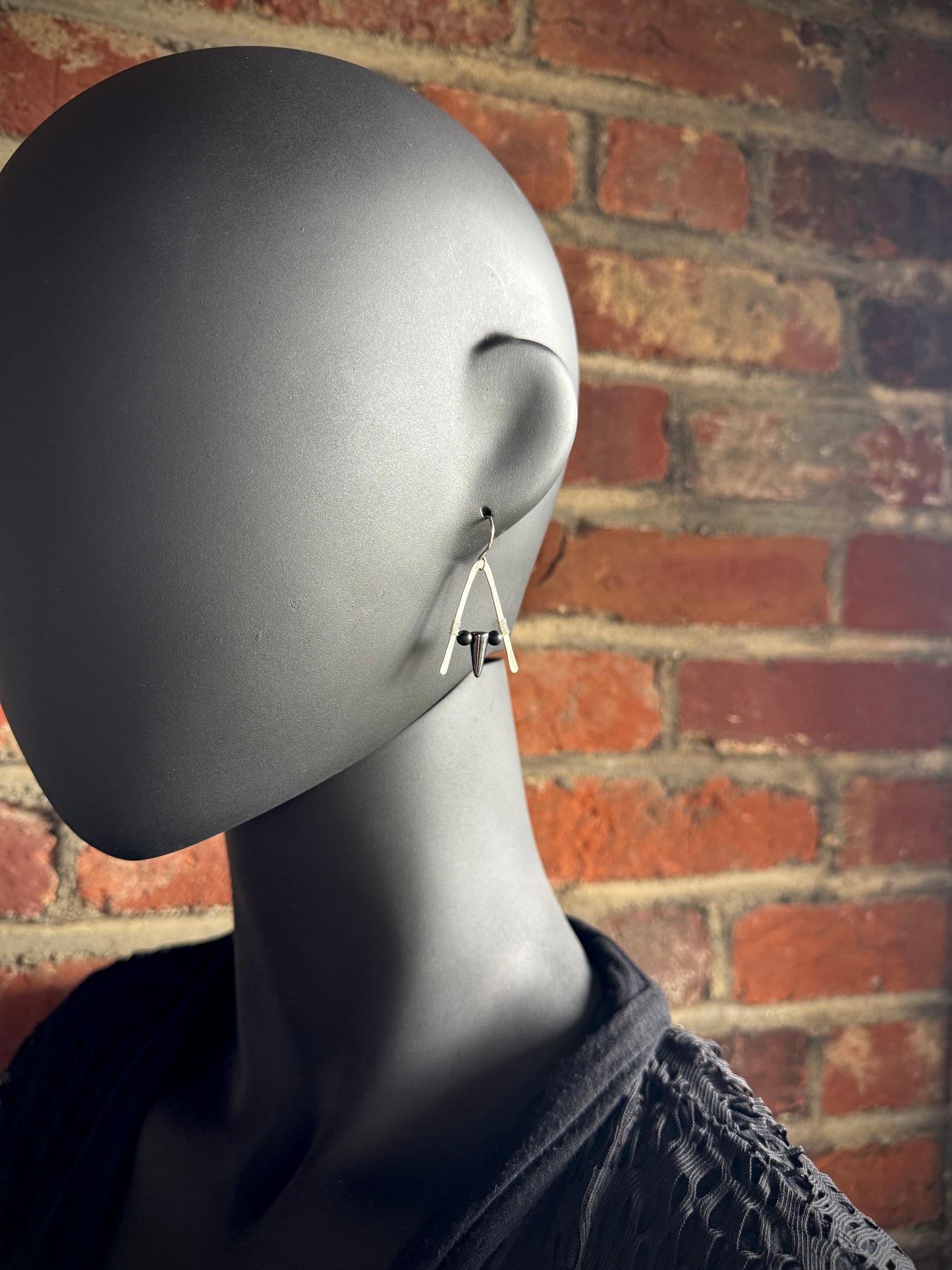 Hematite and Onyx A-Frame Earrings with Hammered Sterling Silver