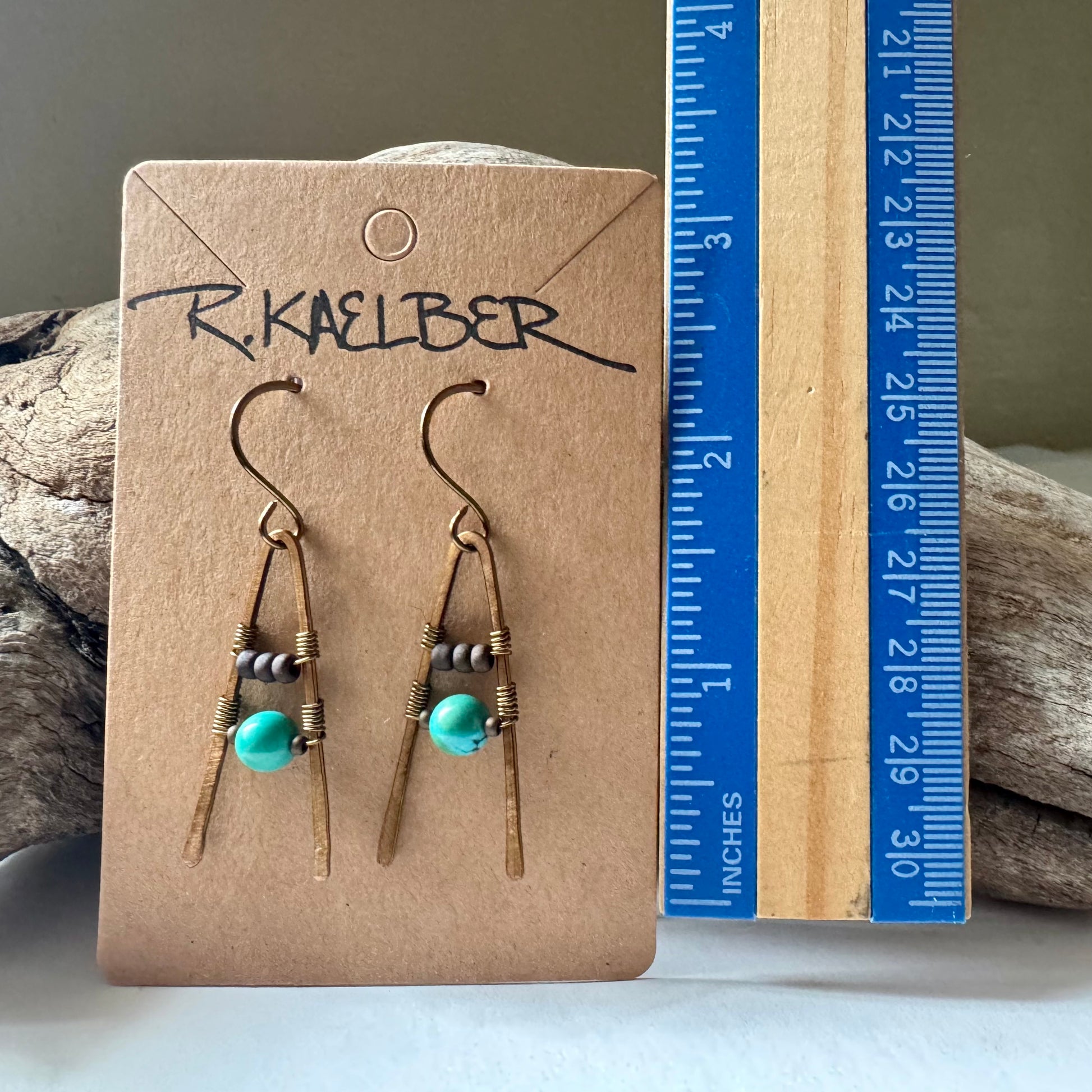 Turquoise A-Frame Earrings with Hammered Copper - R.Kaelber Art