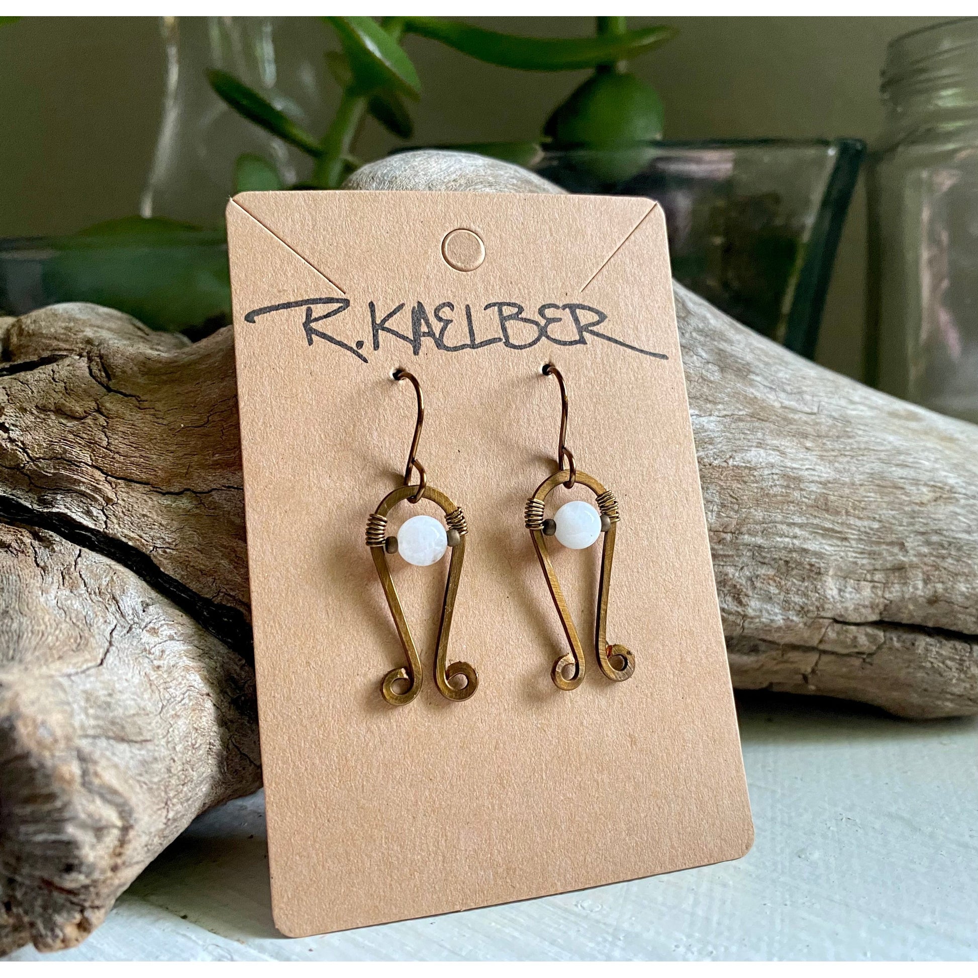 Rainbow Moonstone and Antique Bronze Small Dangle Earrings - R.Kaelber Art