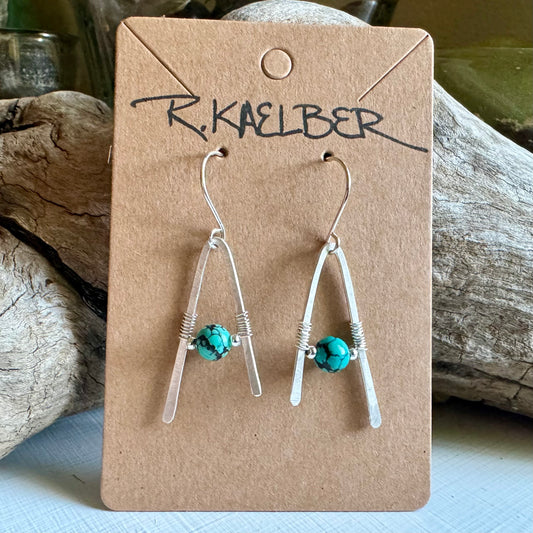 Turquoise A-Frame Earrings with Hammered Sterling Silver - Made to Order
