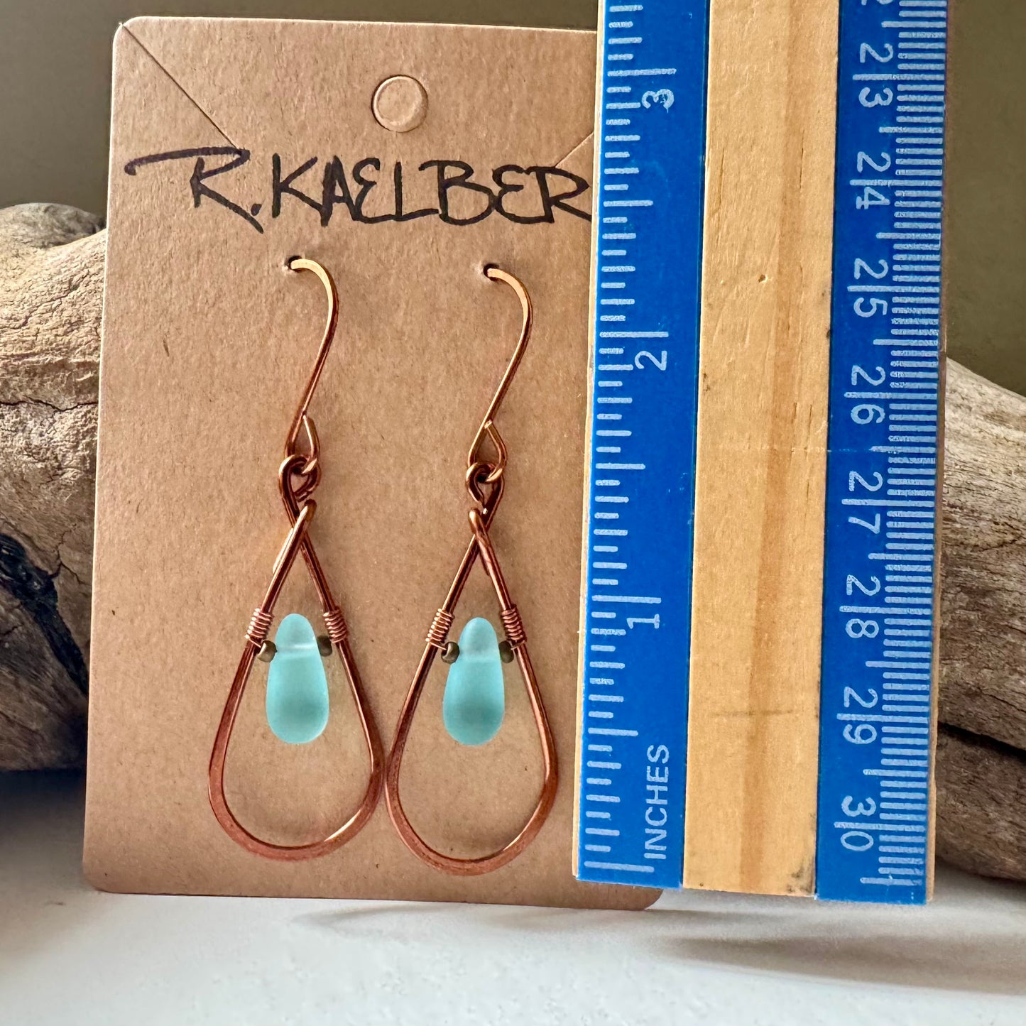 Antique Copper Teardrop Earrings with blue beads