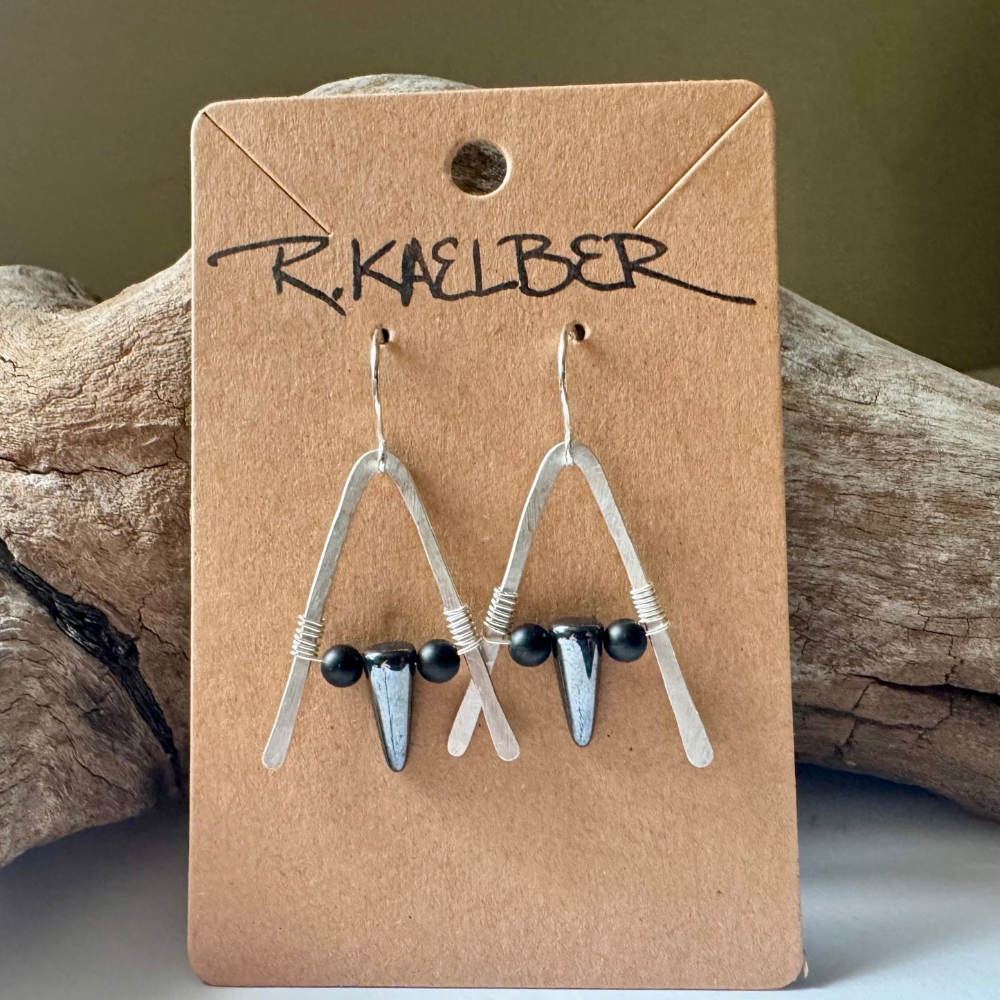 Hematite and Onyx A-Frame Earrings with Hammered Sterling Silver