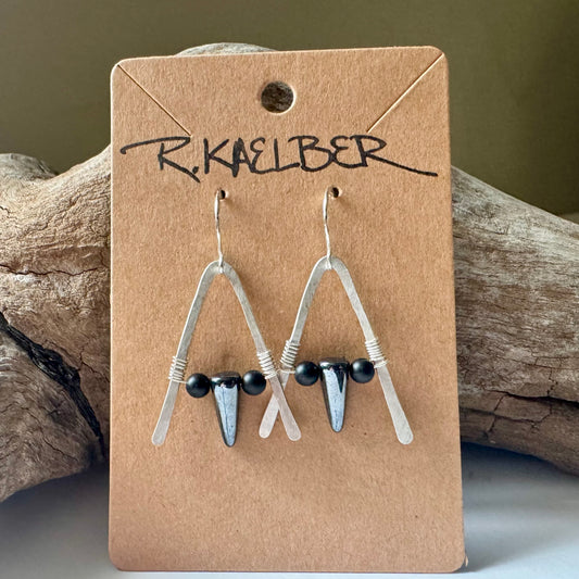 Hematite and Onyx A-Frame Earrings with Hammered Sterling Silver - Made to Order