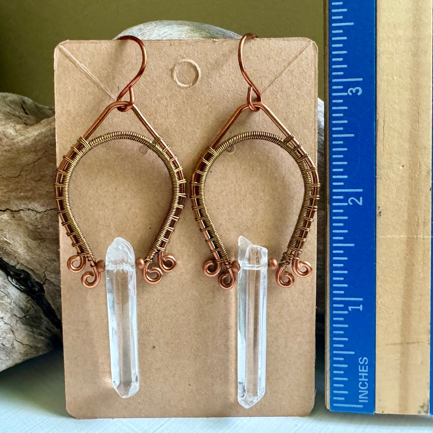 Clear Quartz, Copper, and Antique Bronze Wire Wrapped Dangle Earrings