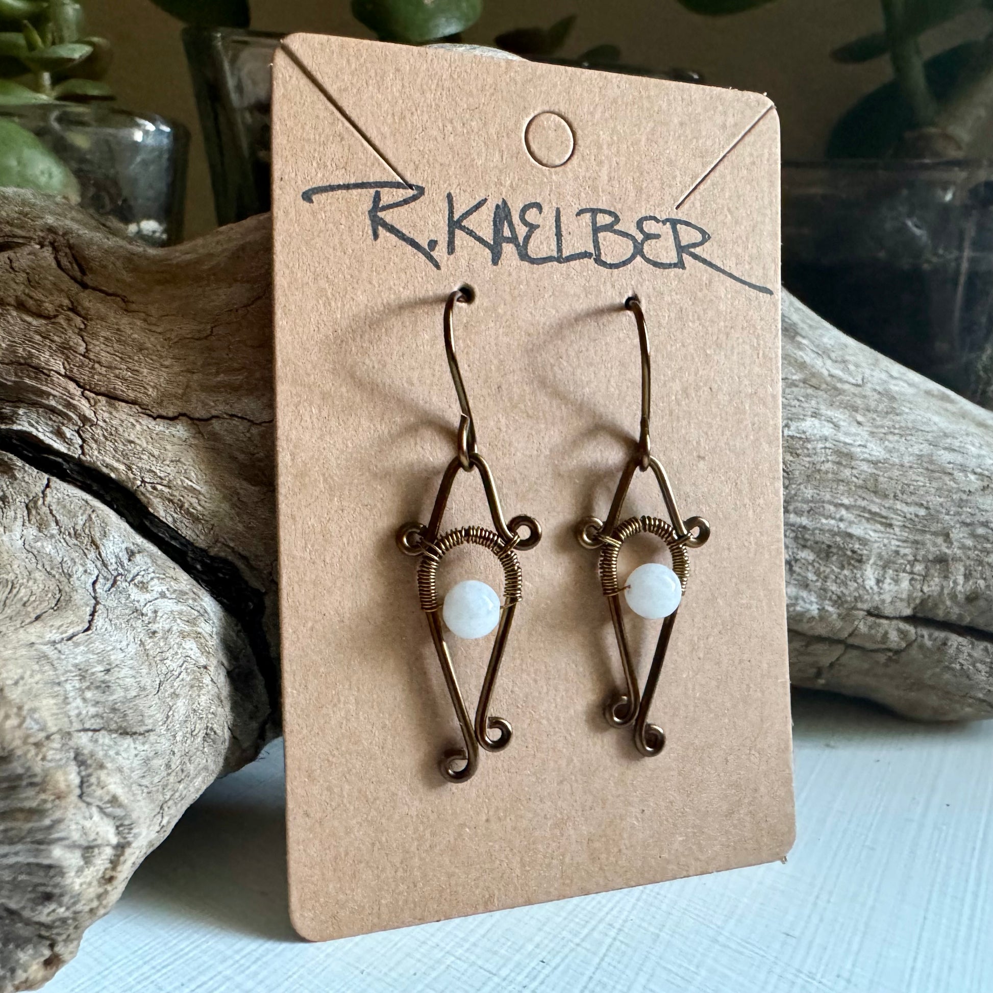 Rainbow Moonstone and Antique Bronze Small Dangle Earrings - R.Kaelber Art