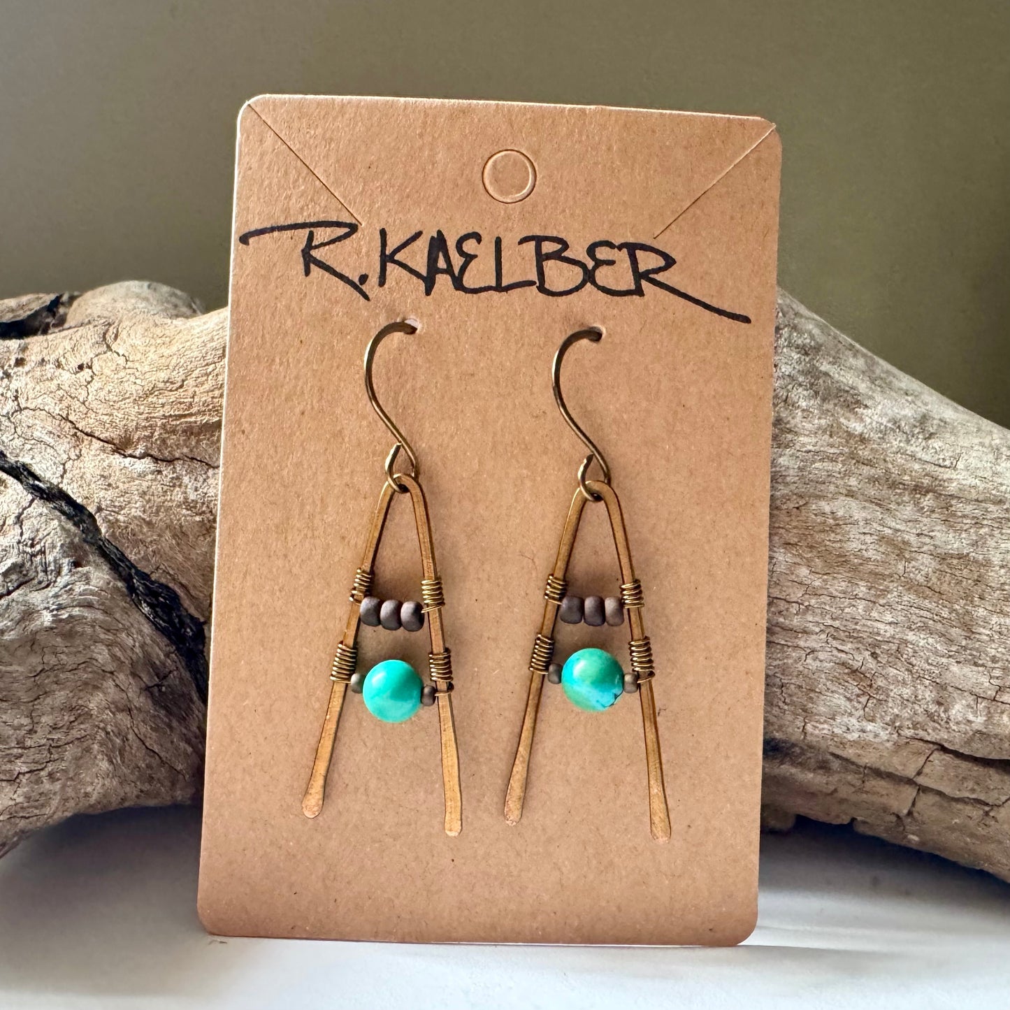 Turquoise A-Frame Earrings with Hammered Copper - R.Kaelber Art