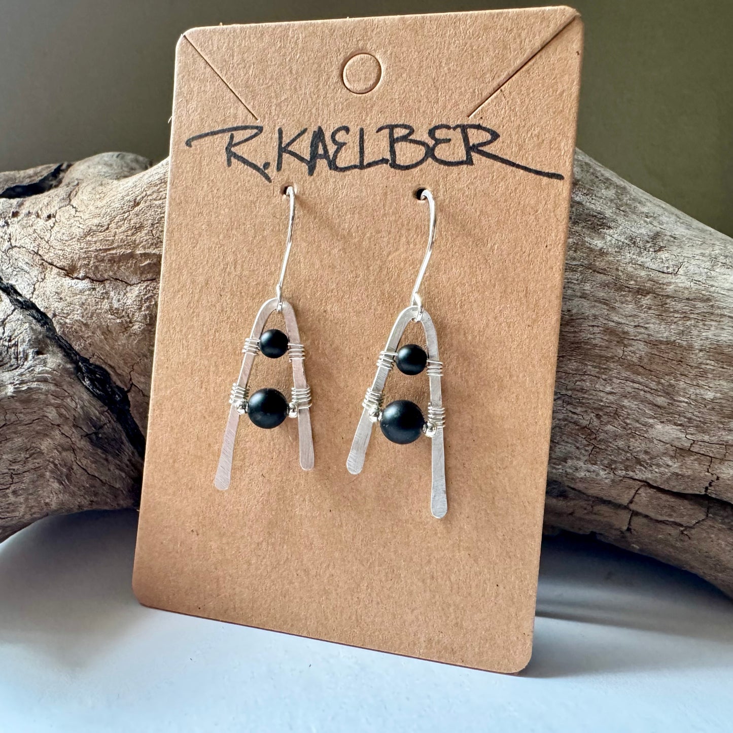 Onyx and Hammered Sterling Silver A-Frame Earrings