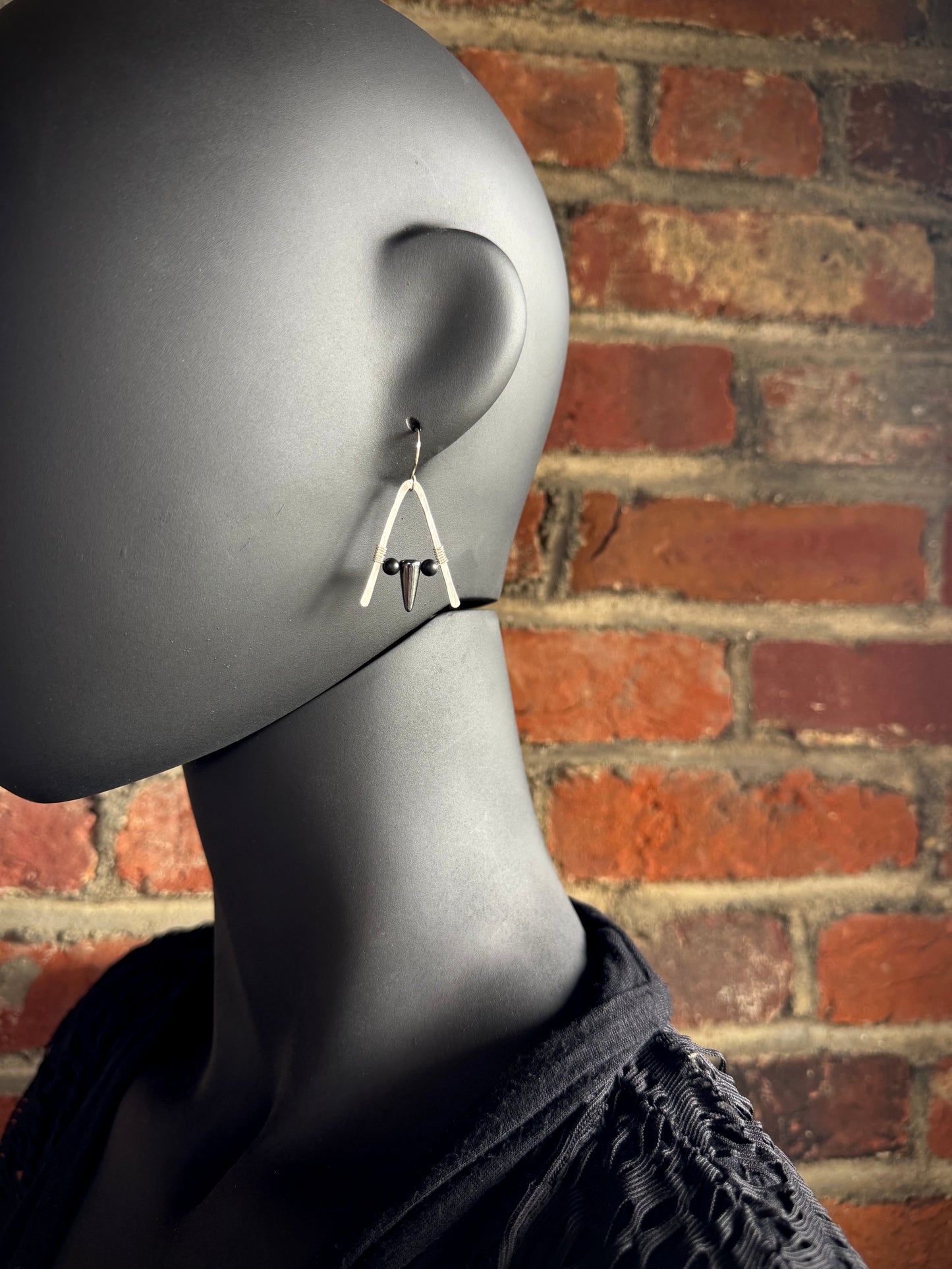 Hematite and Onyx A-Frame Earrings with Hammered Sterling Silver
