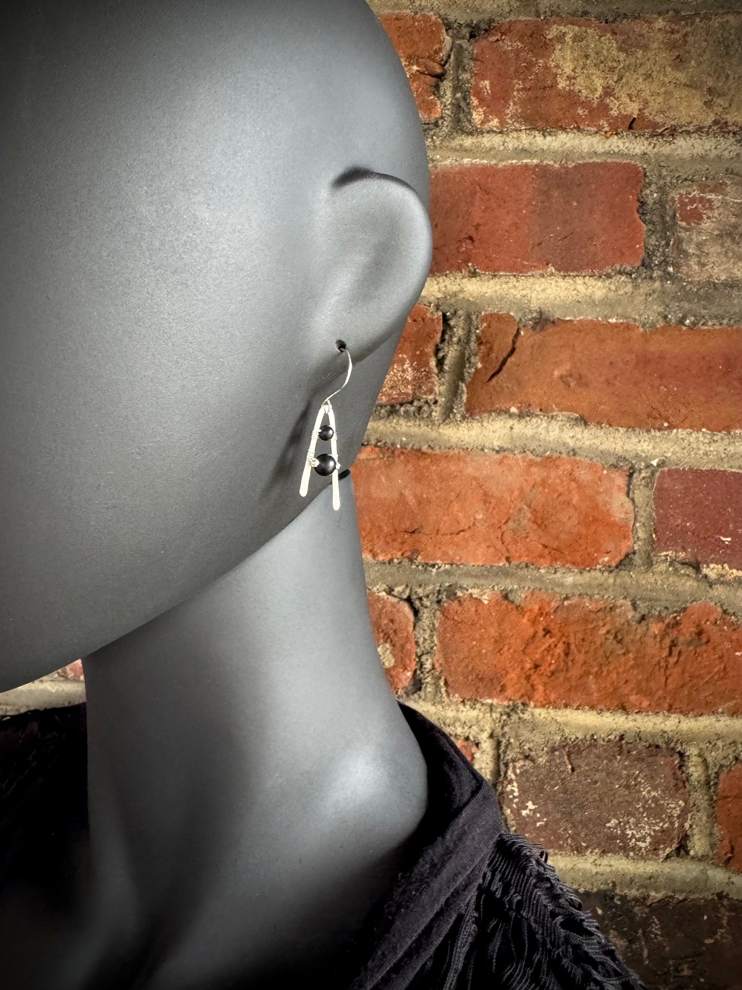 Onyx and Hammered Sterling Silver A-Frame Earrings