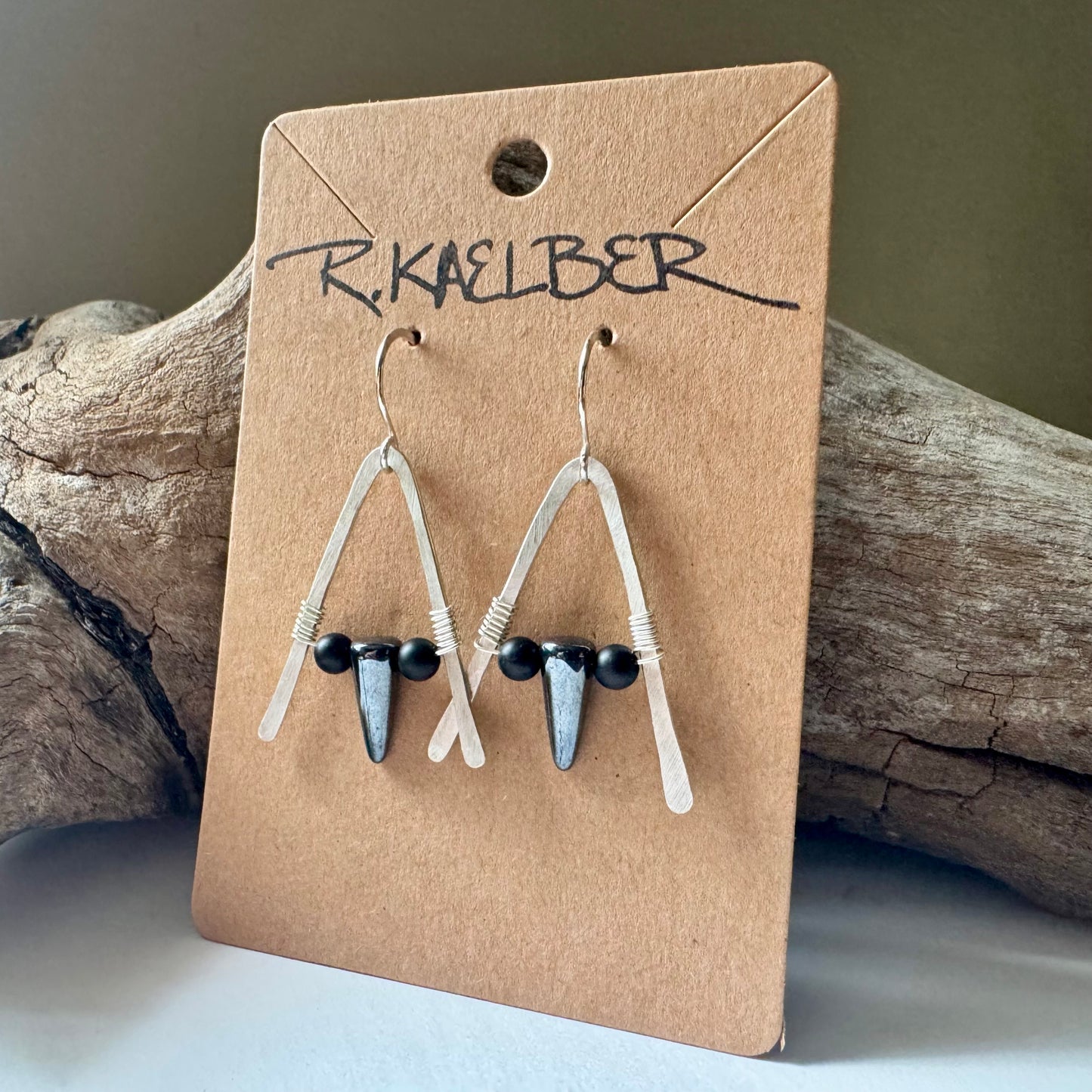 Hematite and Onyx A-Frame Earrings with Hammered Sterling Silver