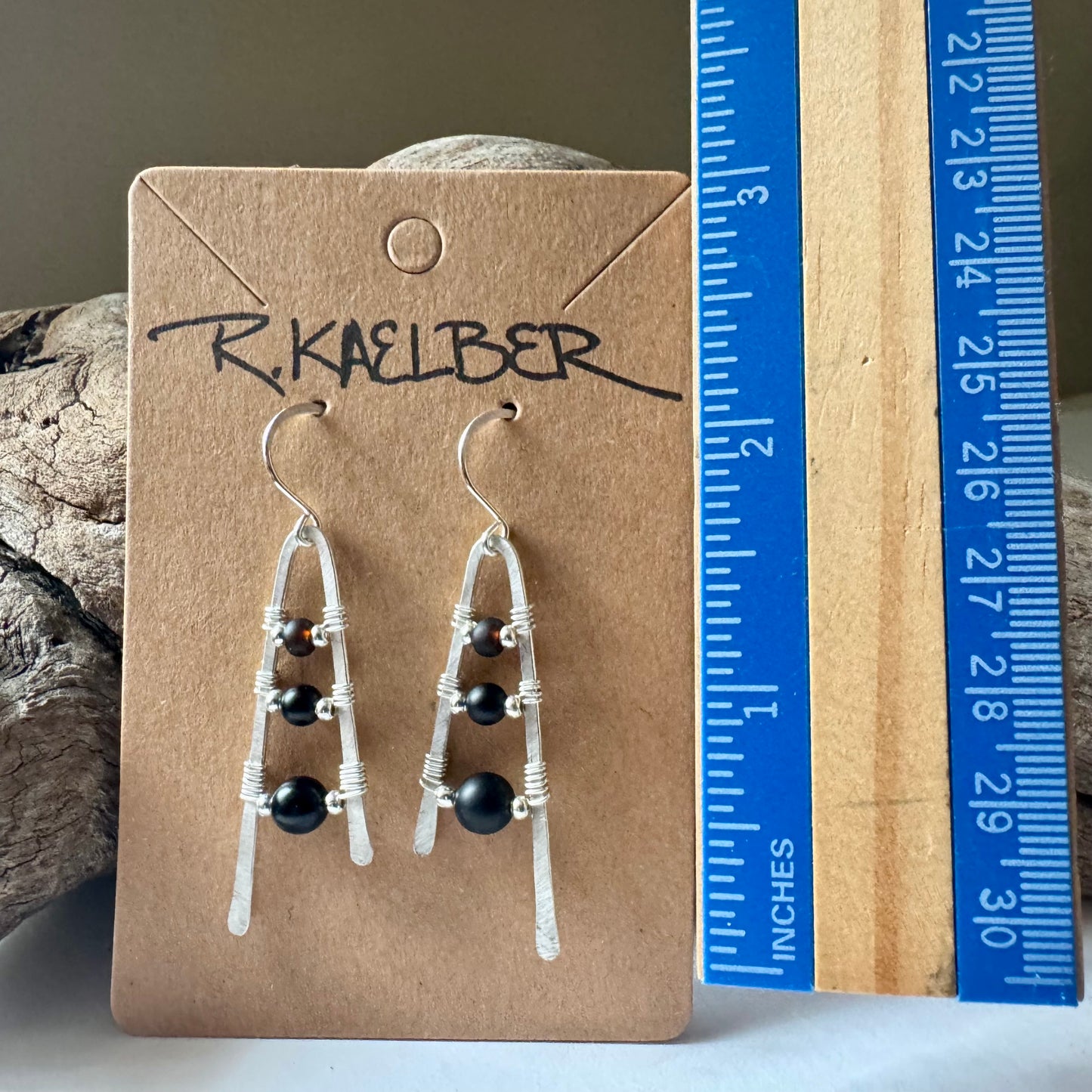 Onyx A-Frame Earrings with Hammered Sterling Silver