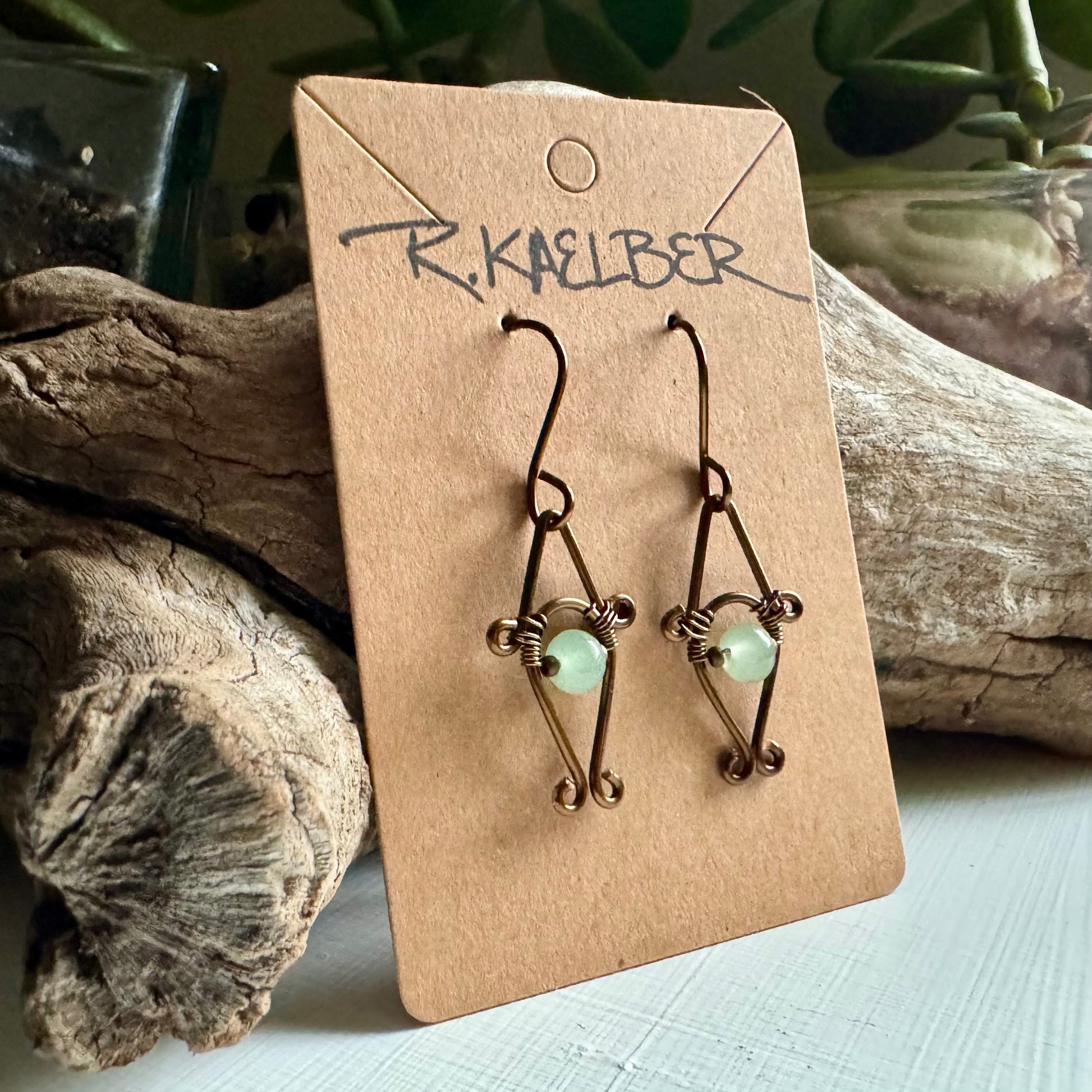 Aventurine and Antique Bronze Small Dangle Earrings - R.Kaelber Art