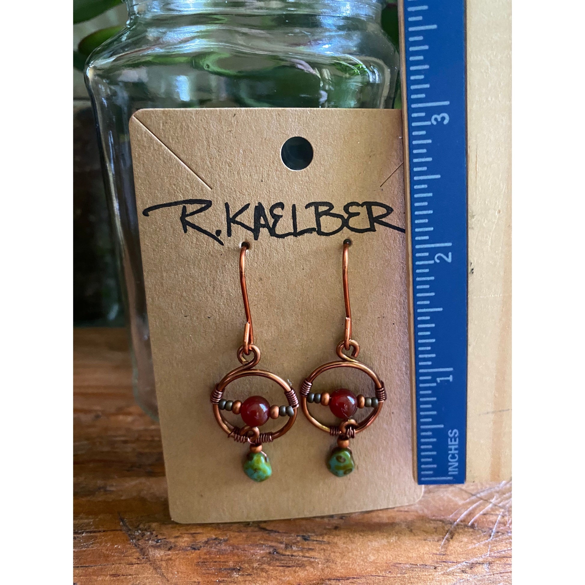 Circular Copper Dangle Earrings with Carnelian and Glass beads - R.Kaelber Art