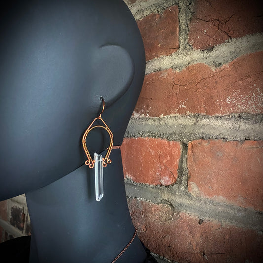 Clear Quartz, Copper, and Antique Bronze Wire Wrapped Dangle Earrings Made to Order