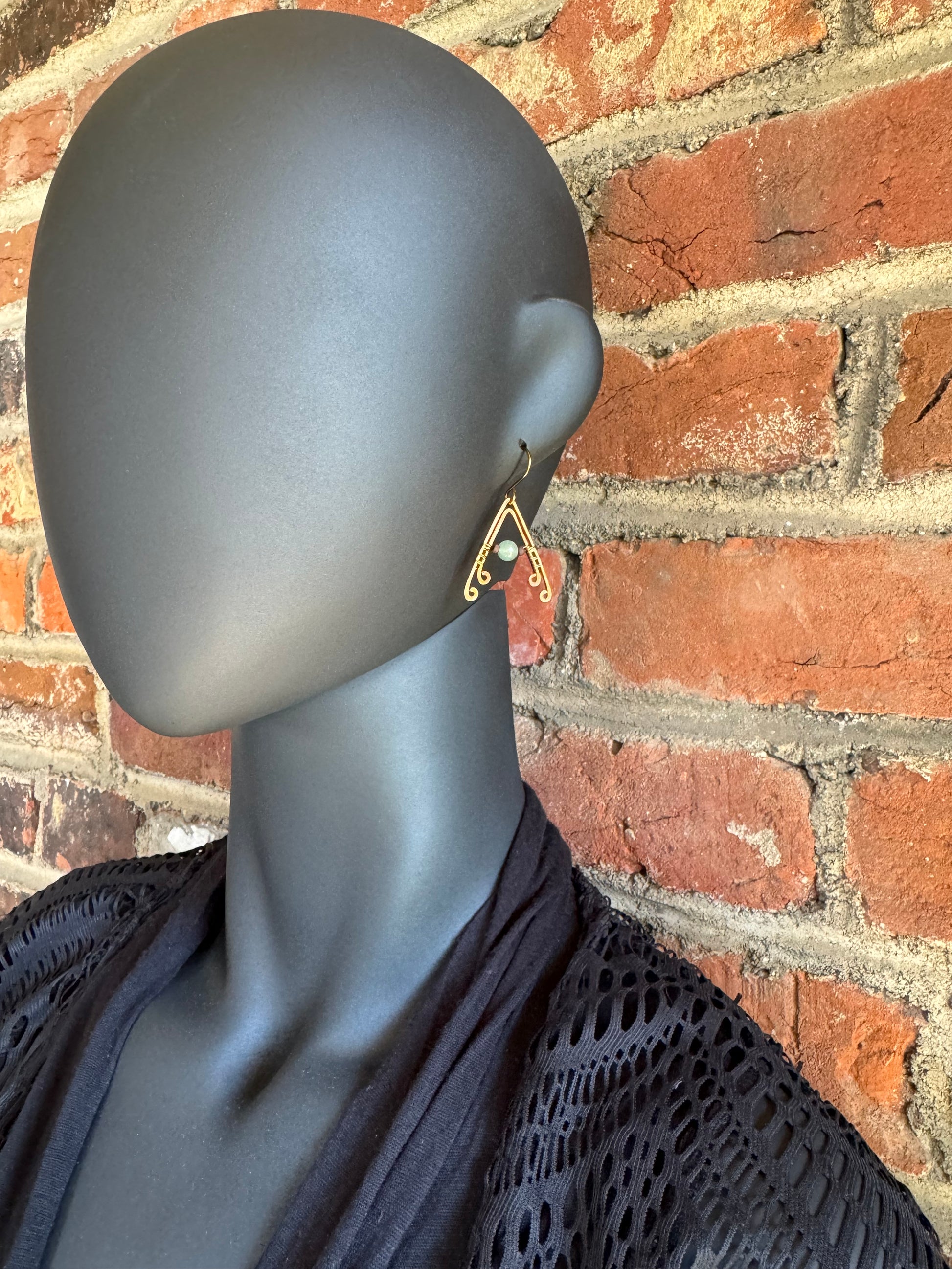Aventurine Hammered Copper and Antiques Bronze A- Frame Earrings - R.Kaelber Art