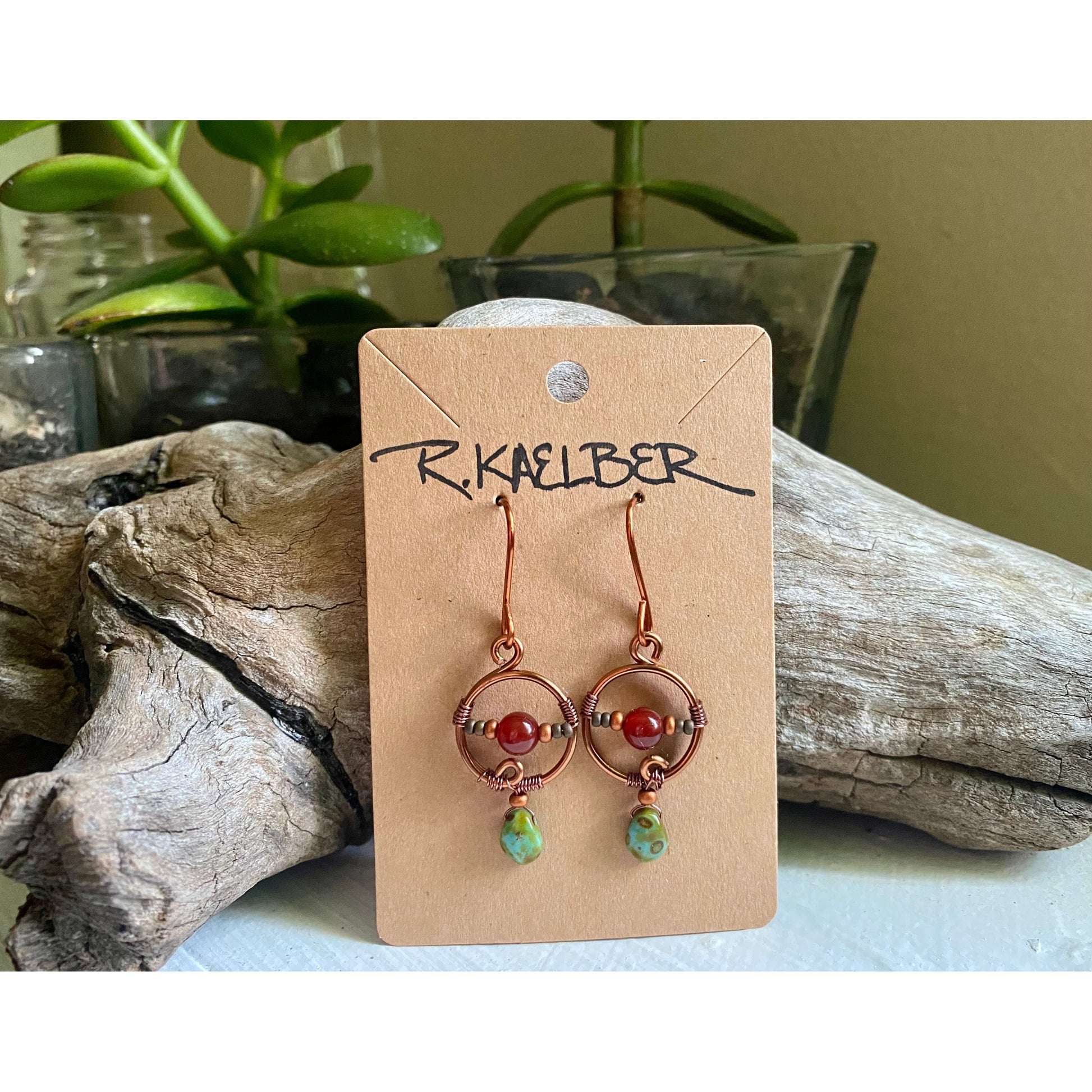 Circular Copper Dangle Earrings with Carnelian and Glass beads - R.Kaelber Art