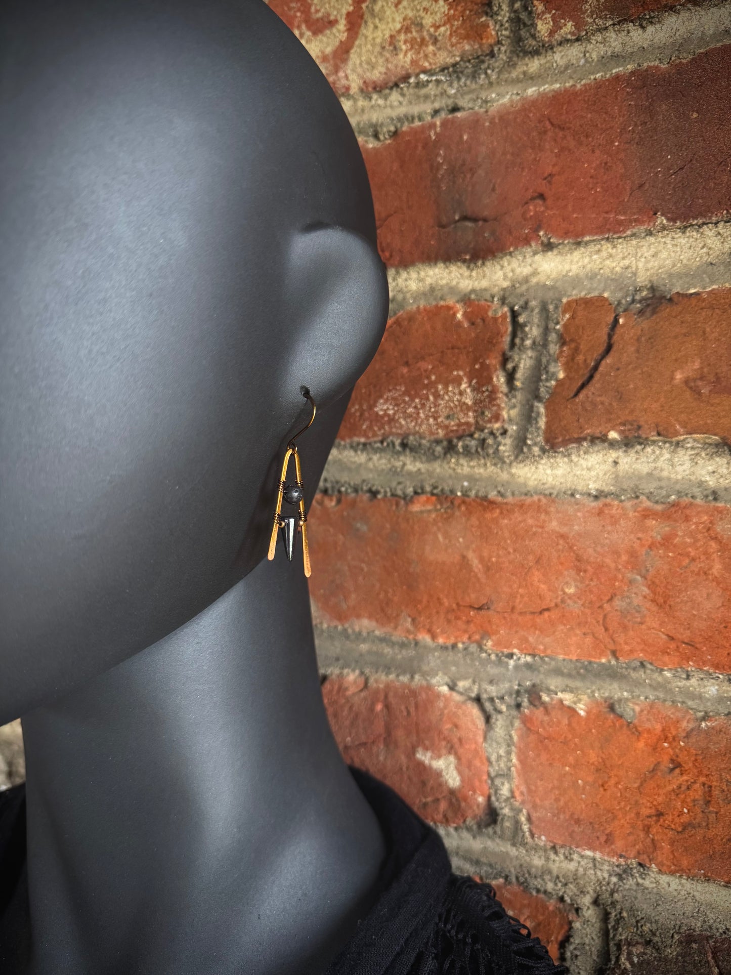Haematite, Lava Stone and Antique Bronze A-Frame Earrings