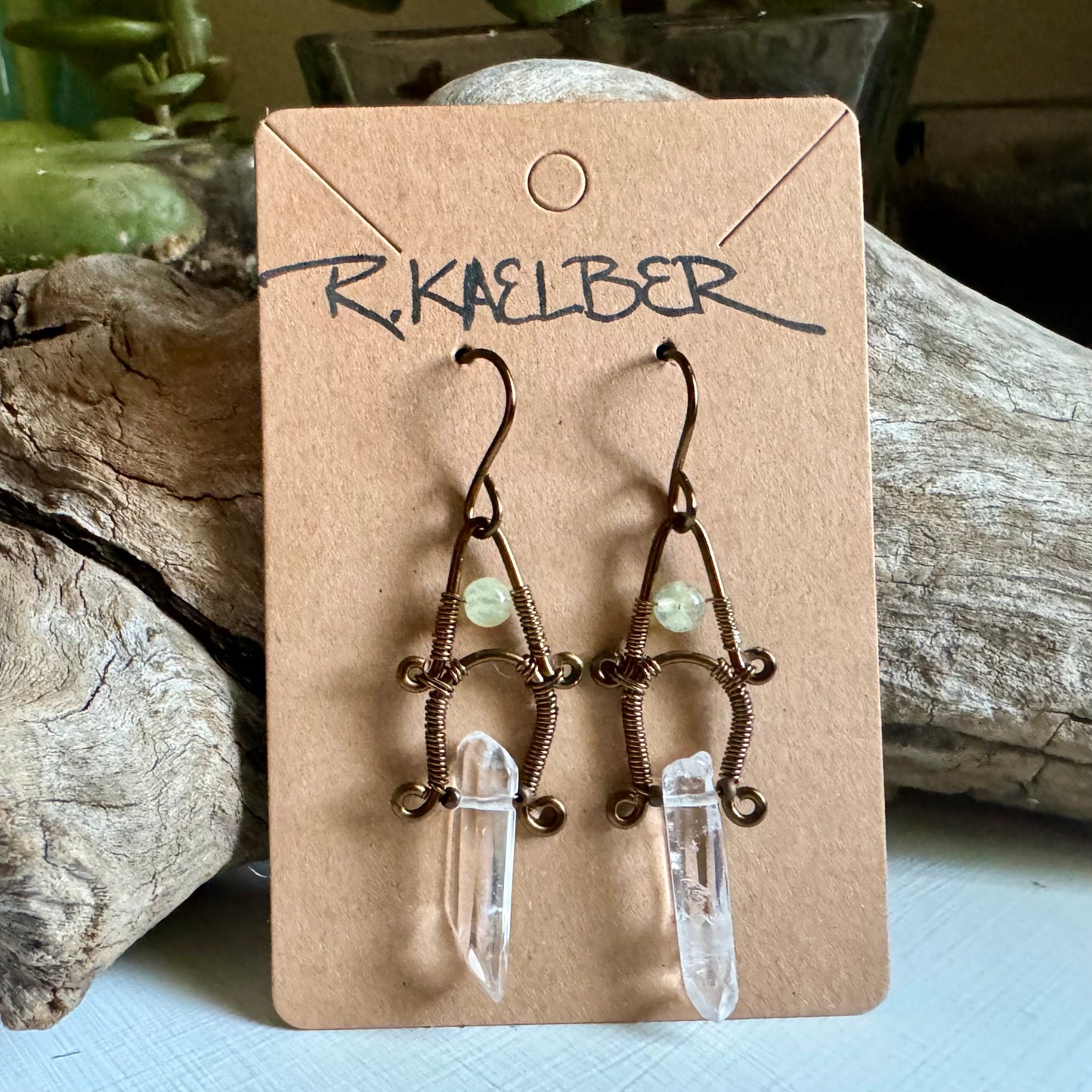 Prehnite, Clear Quartz and Antique Bronze Dangle Earrings - Made to Order