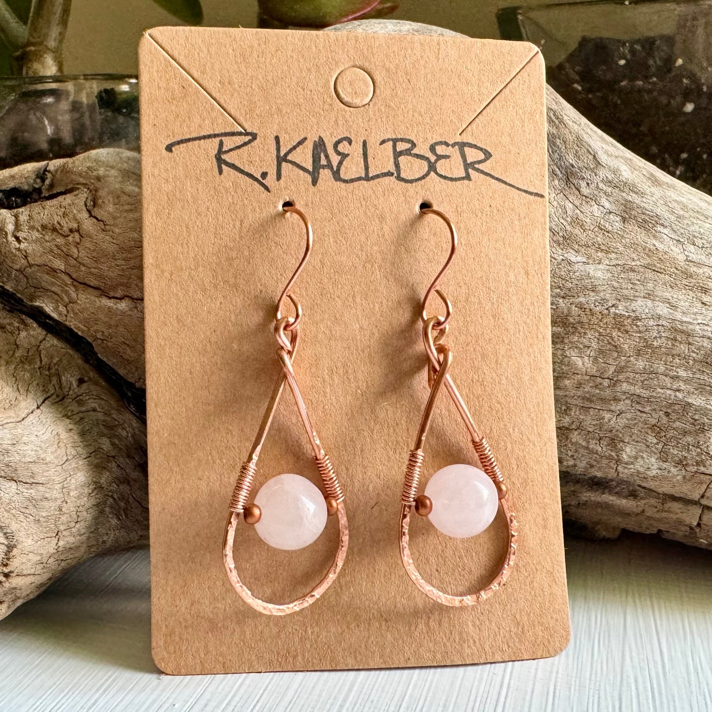 Rose Quartz and Copper Teardrop Earrings- Made to Order