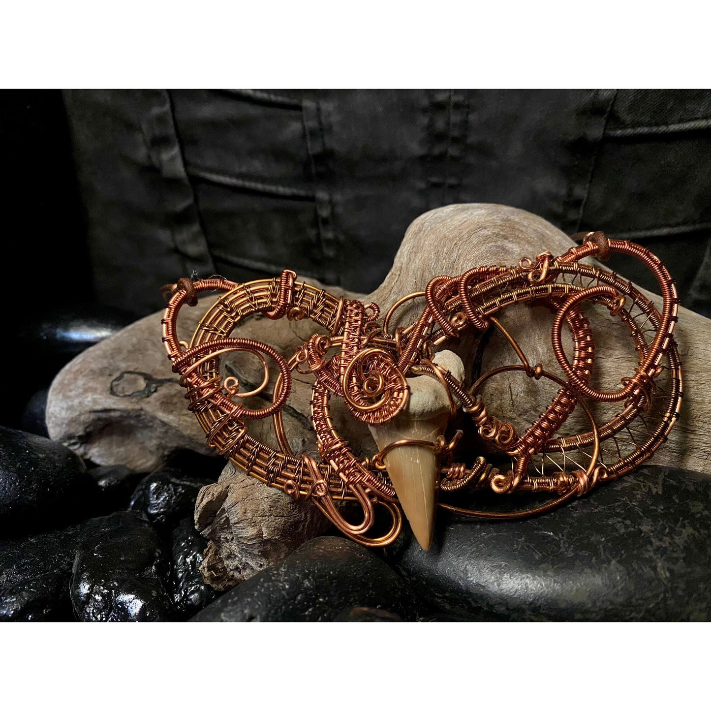 Wire Wrapped Copper and Antique Bronze Shark Tooth Statement Necklace - R.Kaelber Art
